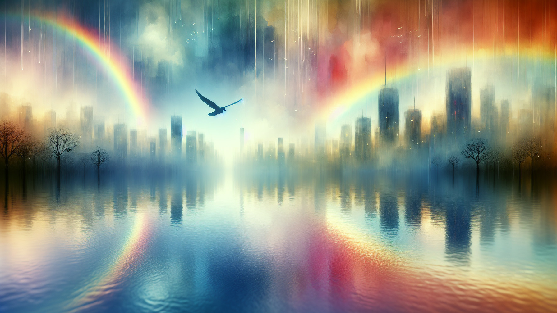 Vibrant Cityscape with Fog and Rainbows Over Water