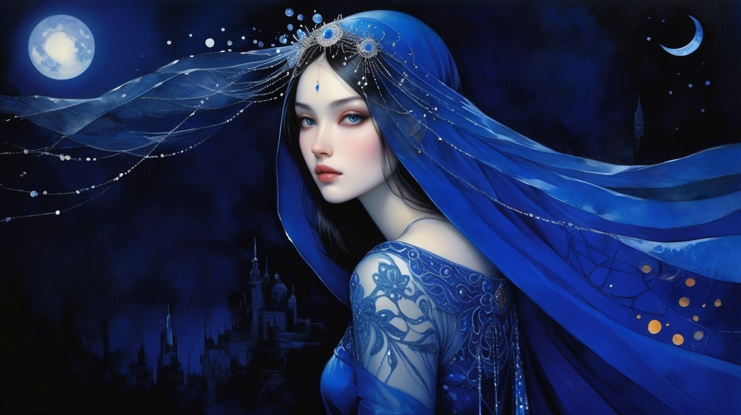 Woman in Blue Fabrics Against Moonlit Background