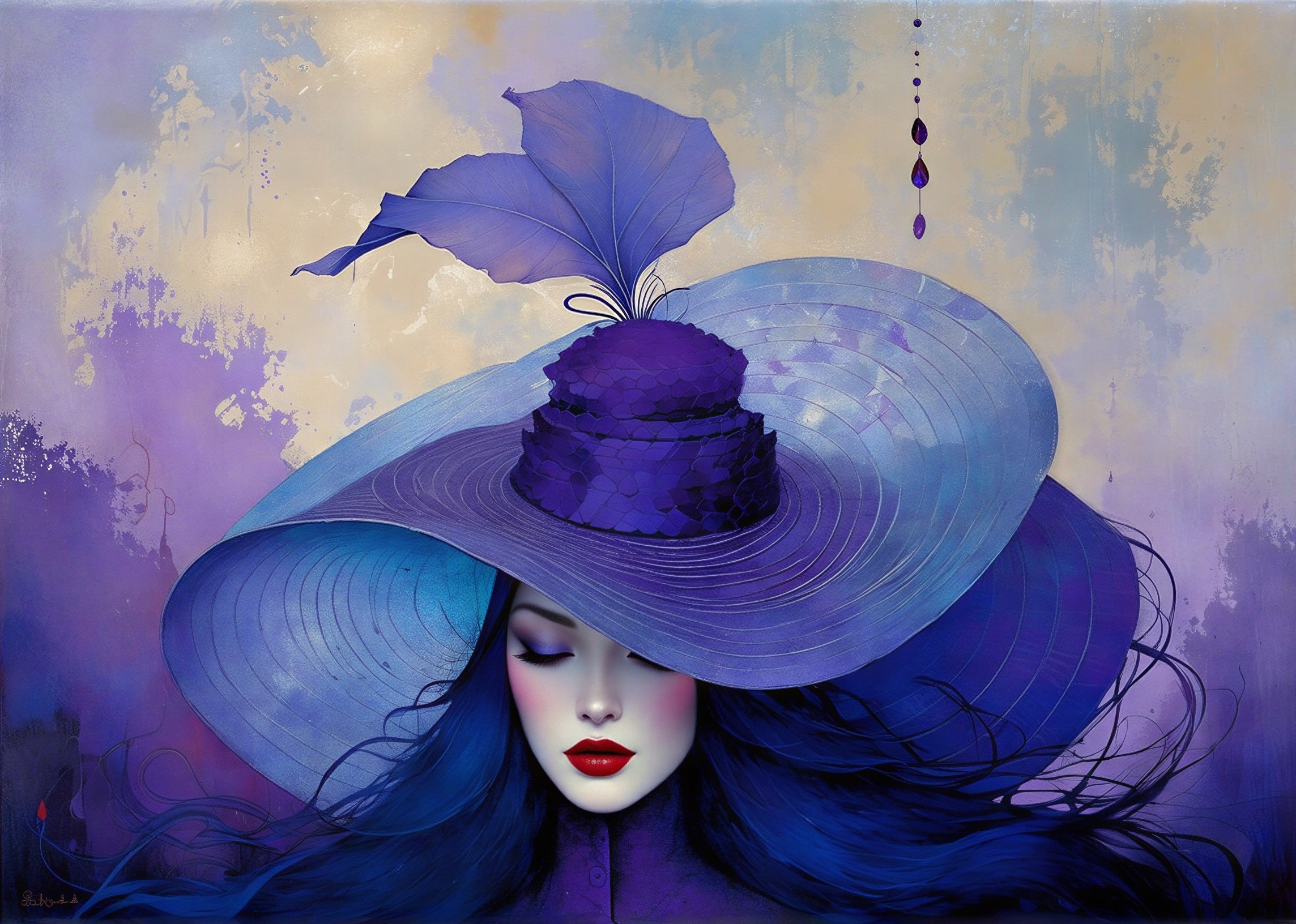 Artwork of a woman in a stylish hat with purple feather