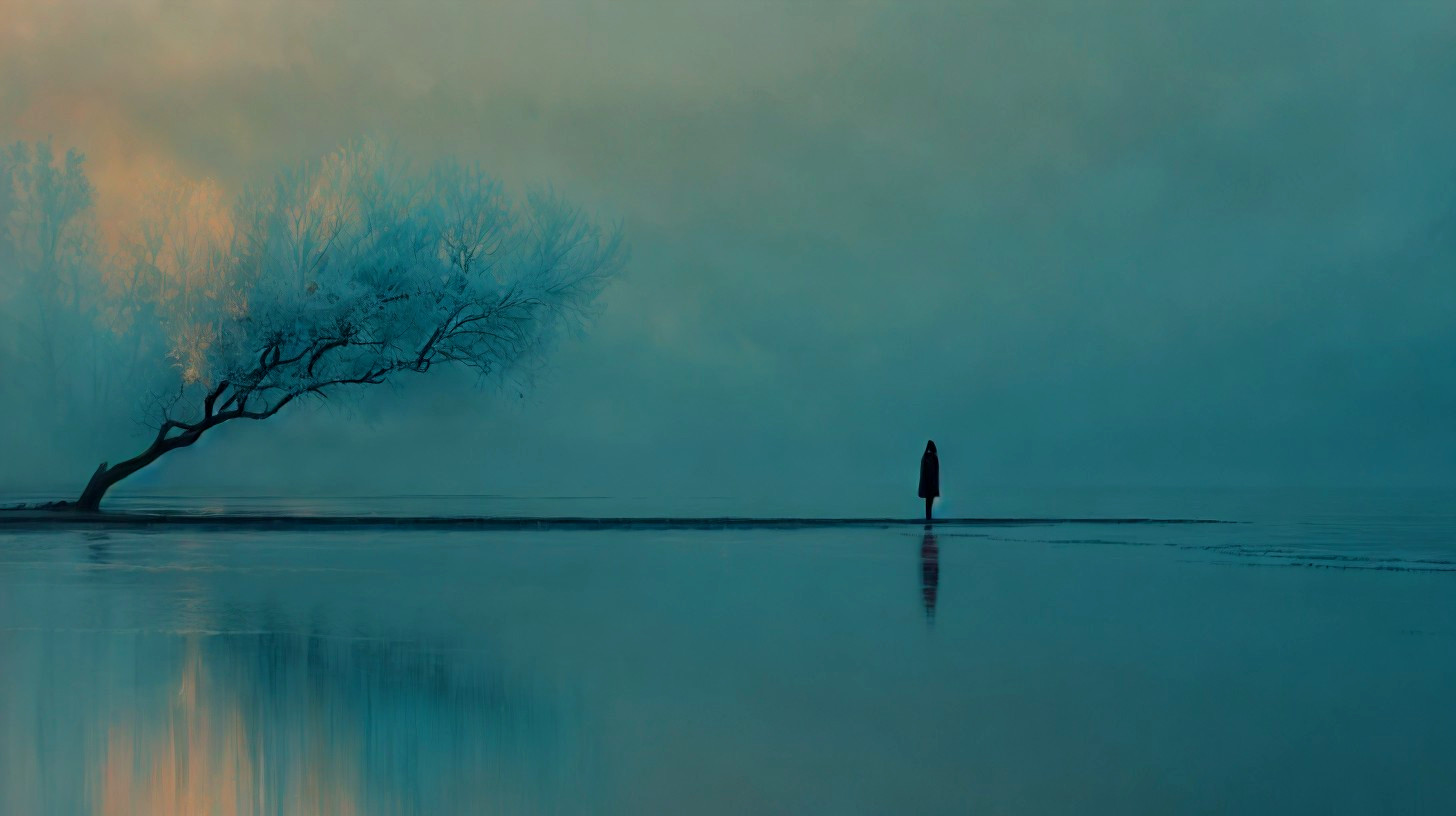 Solitary Figure by Tranquil Water in Misty Atmosphere