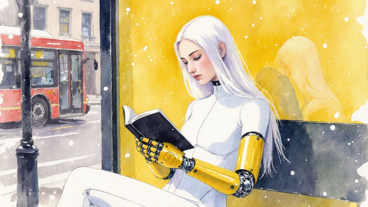 Female Android Reading in Winter Cityscape