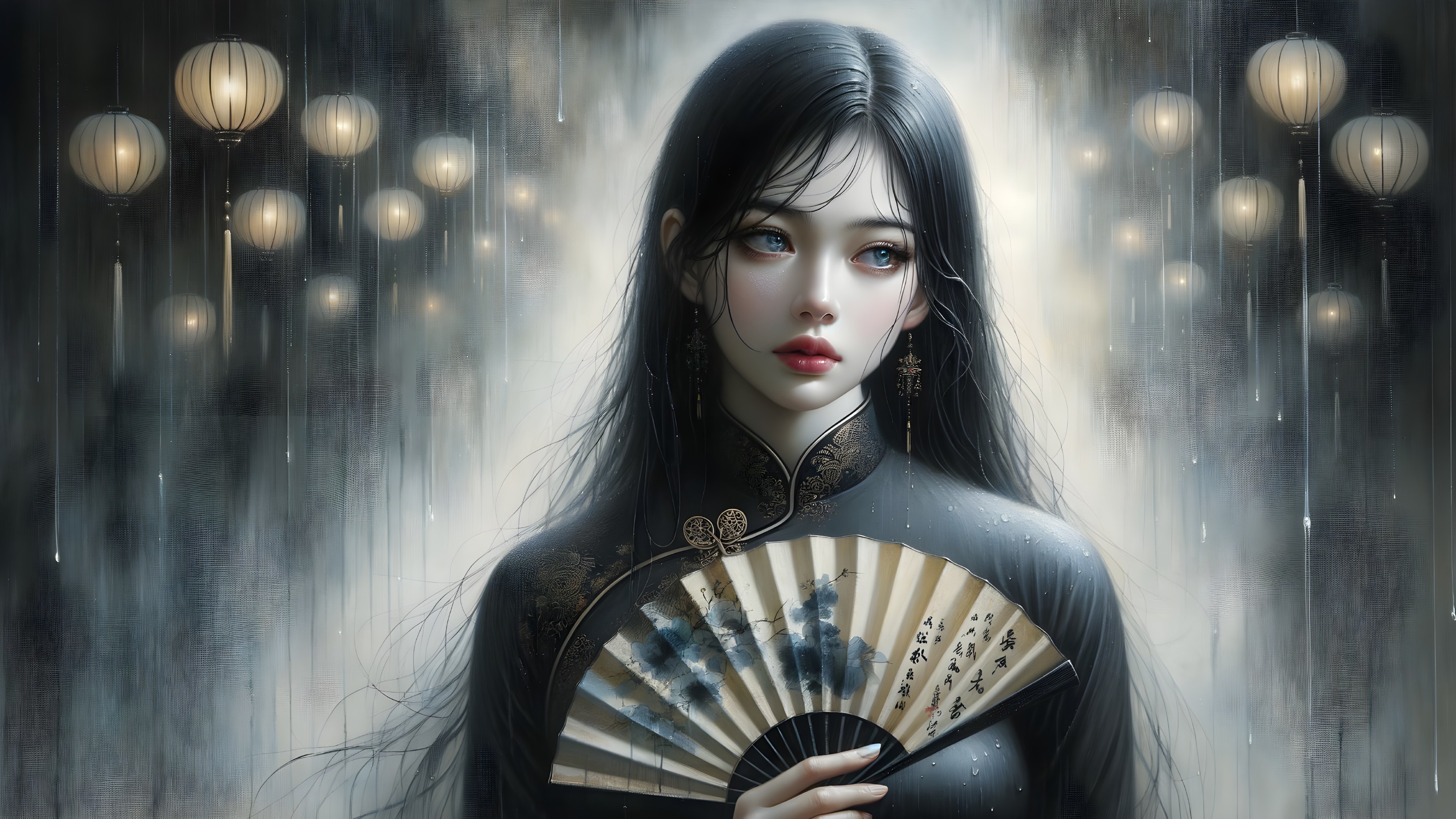 Serene Figure with Ornate Fan in Mystical Setting