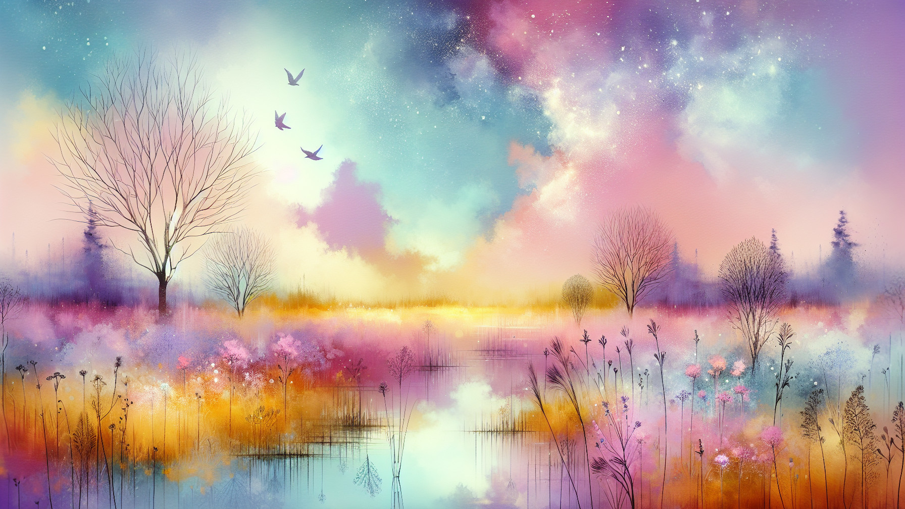 Serene lake landscape with vibrant wildflowers and sunset