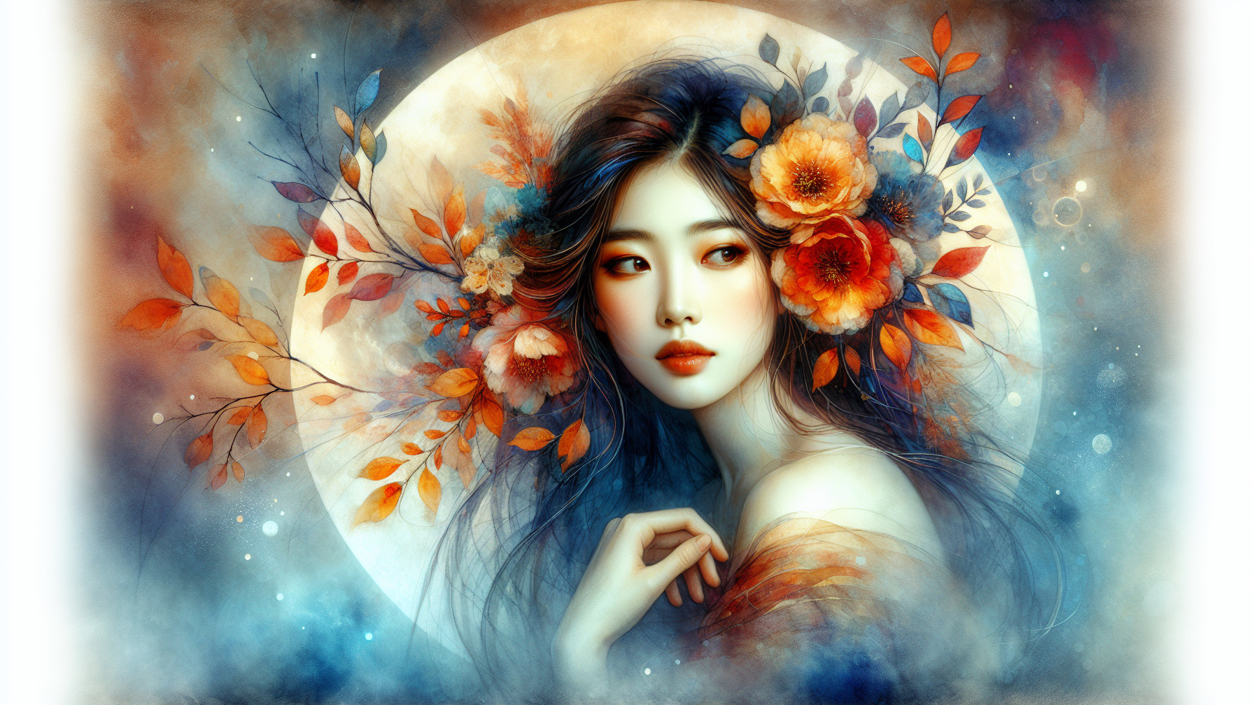 Young Woman Surrounded by Flowers and Autumn Leaves