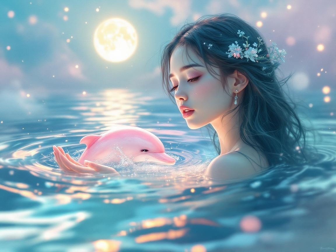 Young Woman with Dolphin in Moonlit Water Scene