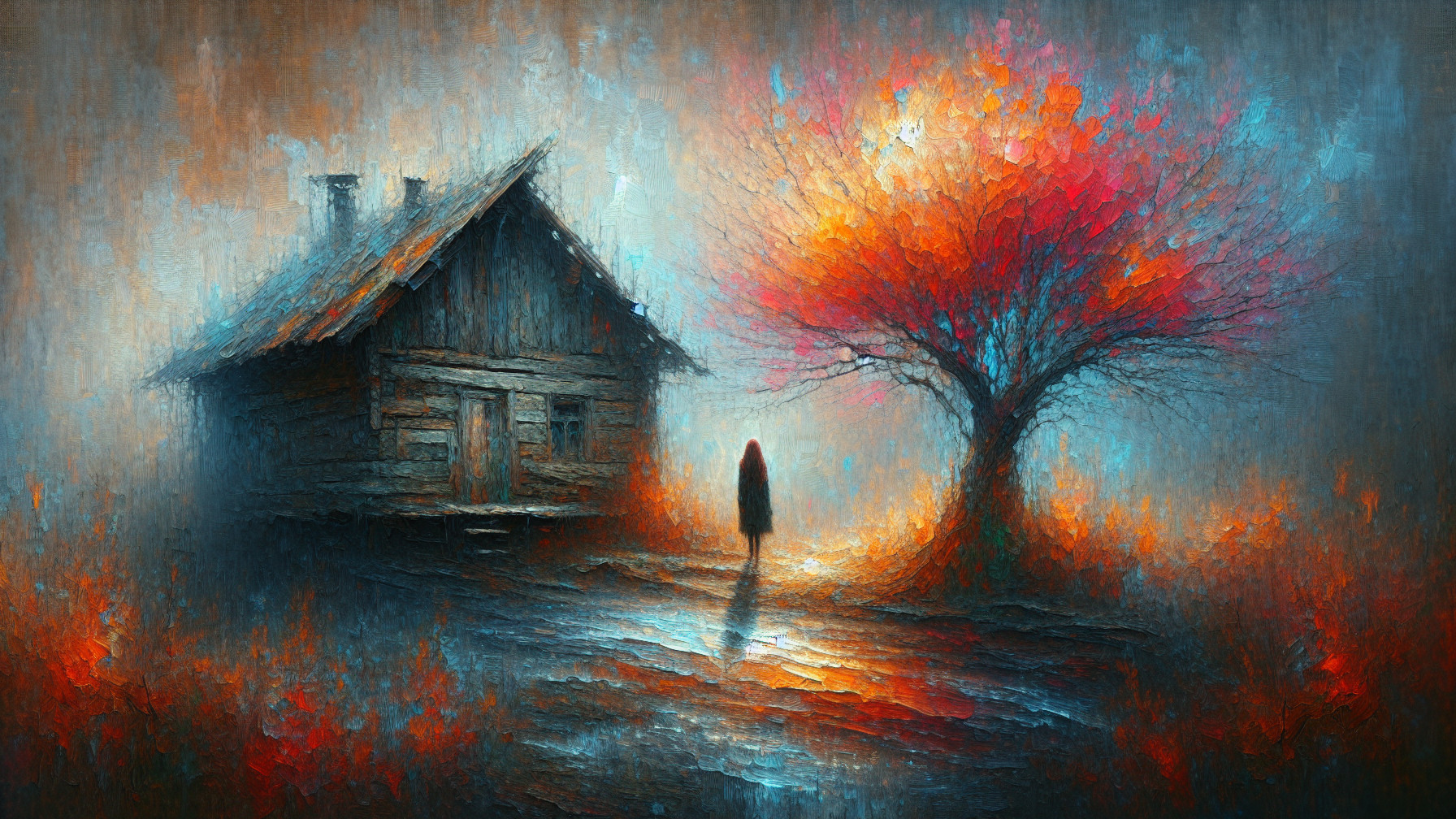 Solitary Figure on Winding Path in Autumn Landscape
