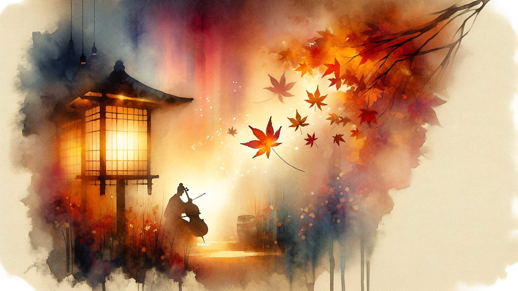 Watercolor Scene of Musician Under Lantern in Autumn