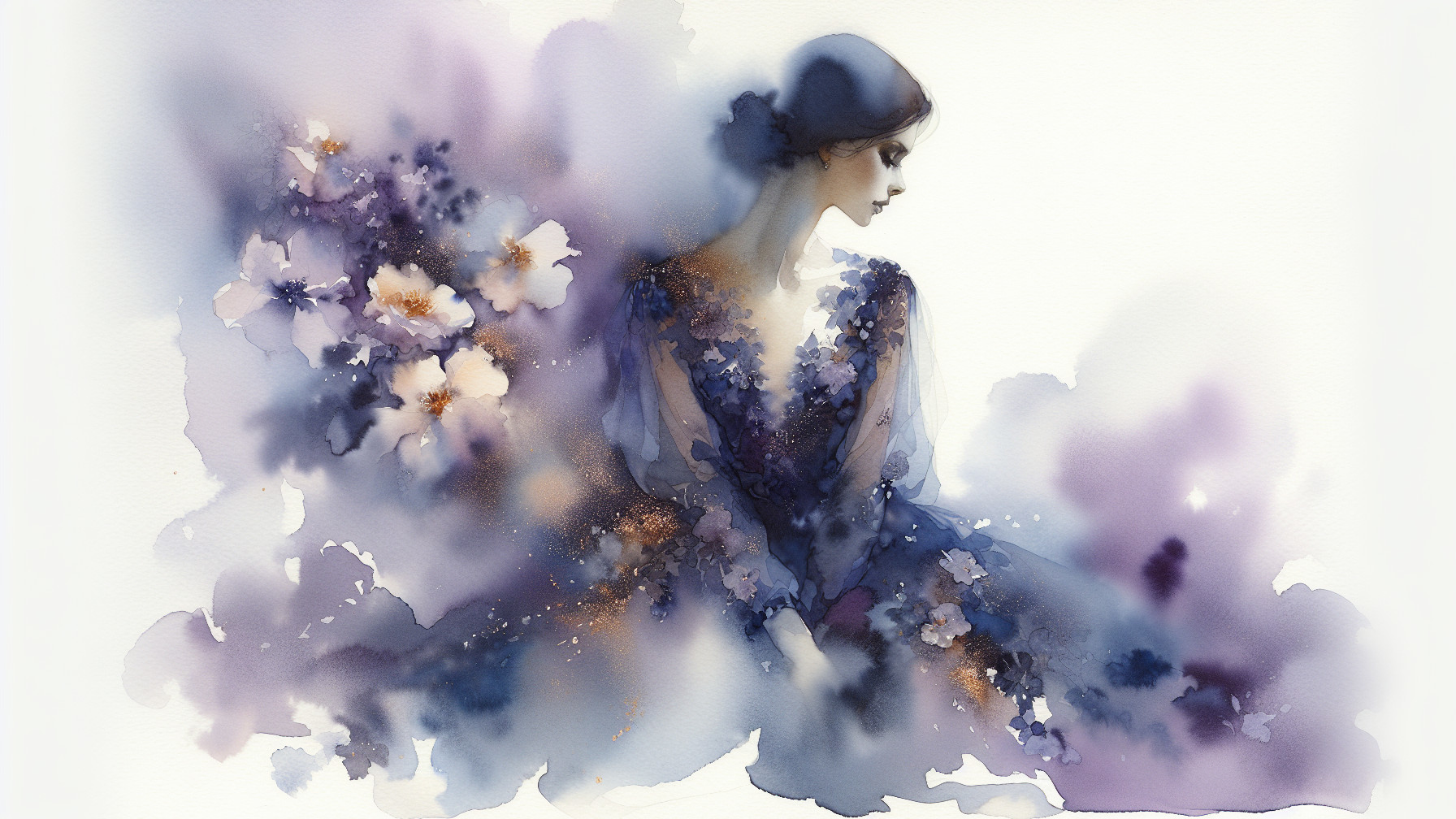 Delicate Watercolor of Woman in Floral Gown