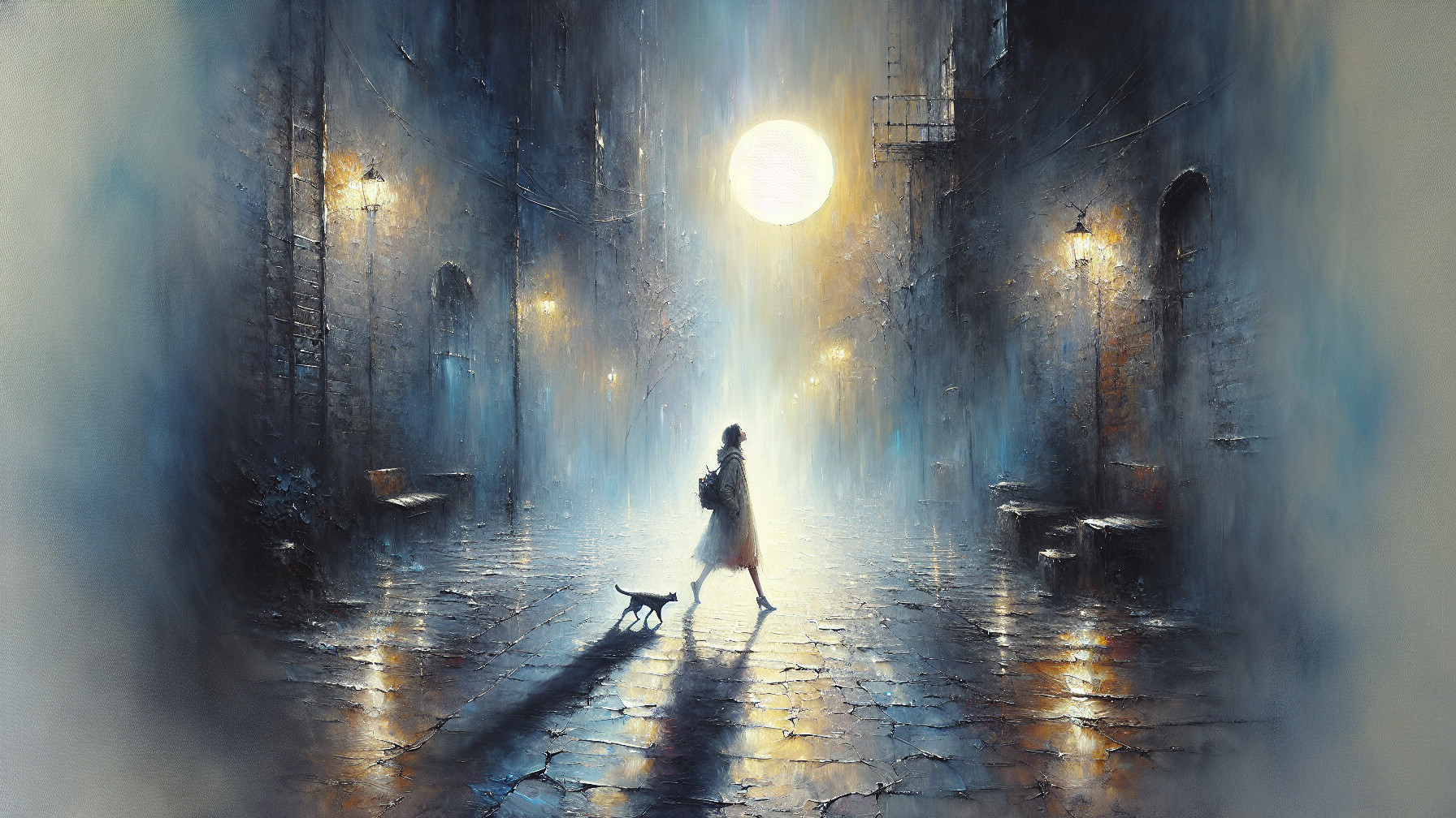 Mysterious alley illuminated by glowing moon and mist