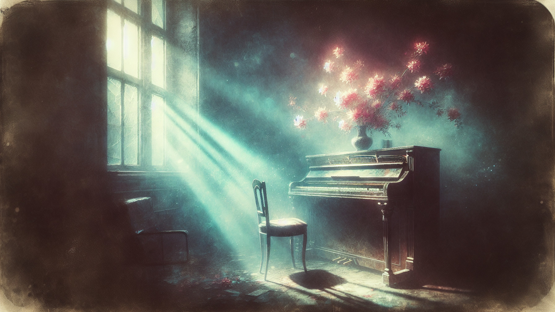 Abandoned Room with Grand Piano and Vibrant Flowers