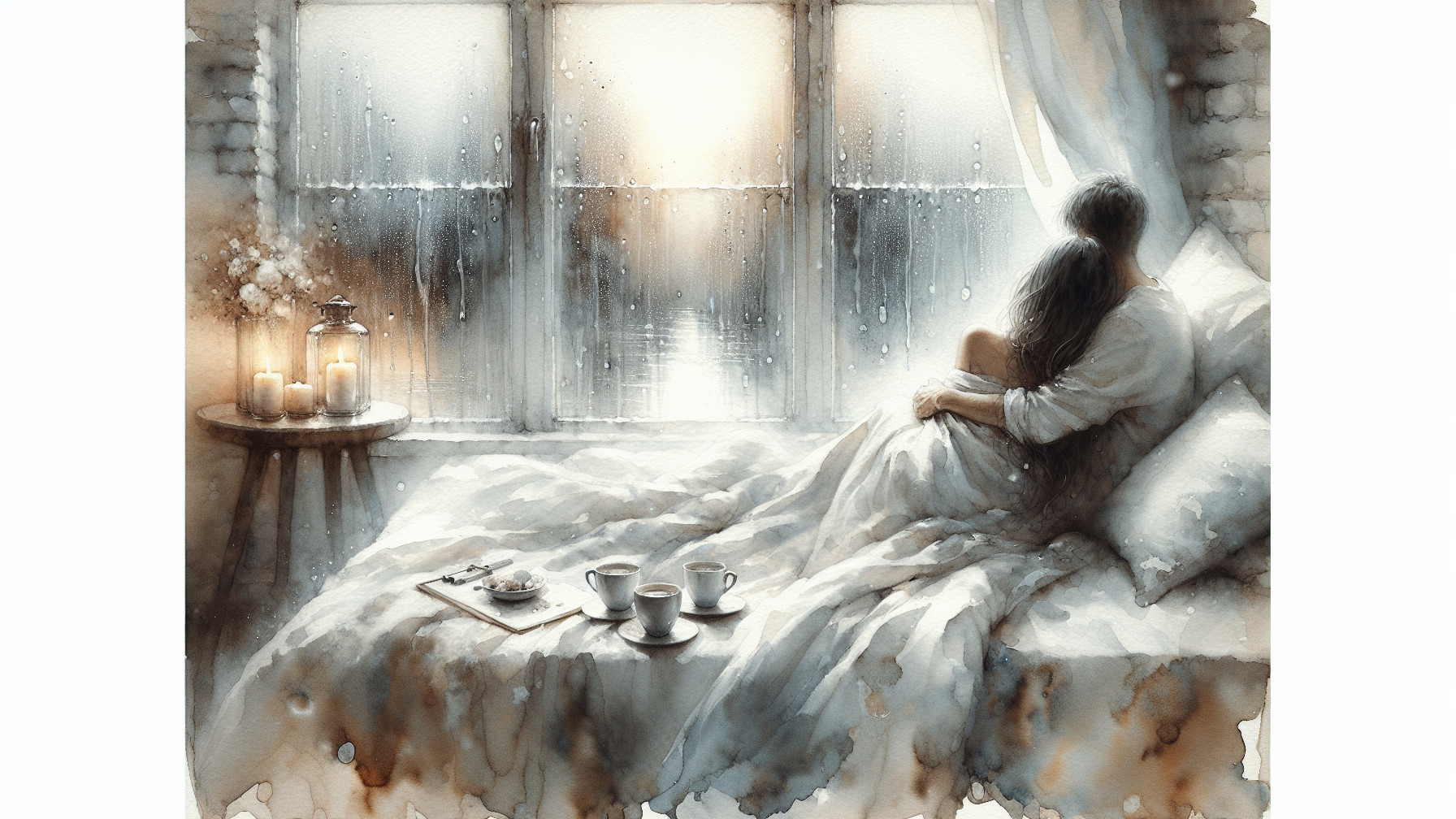 Cozy Couple Embracing by Rainy Window with Coffee