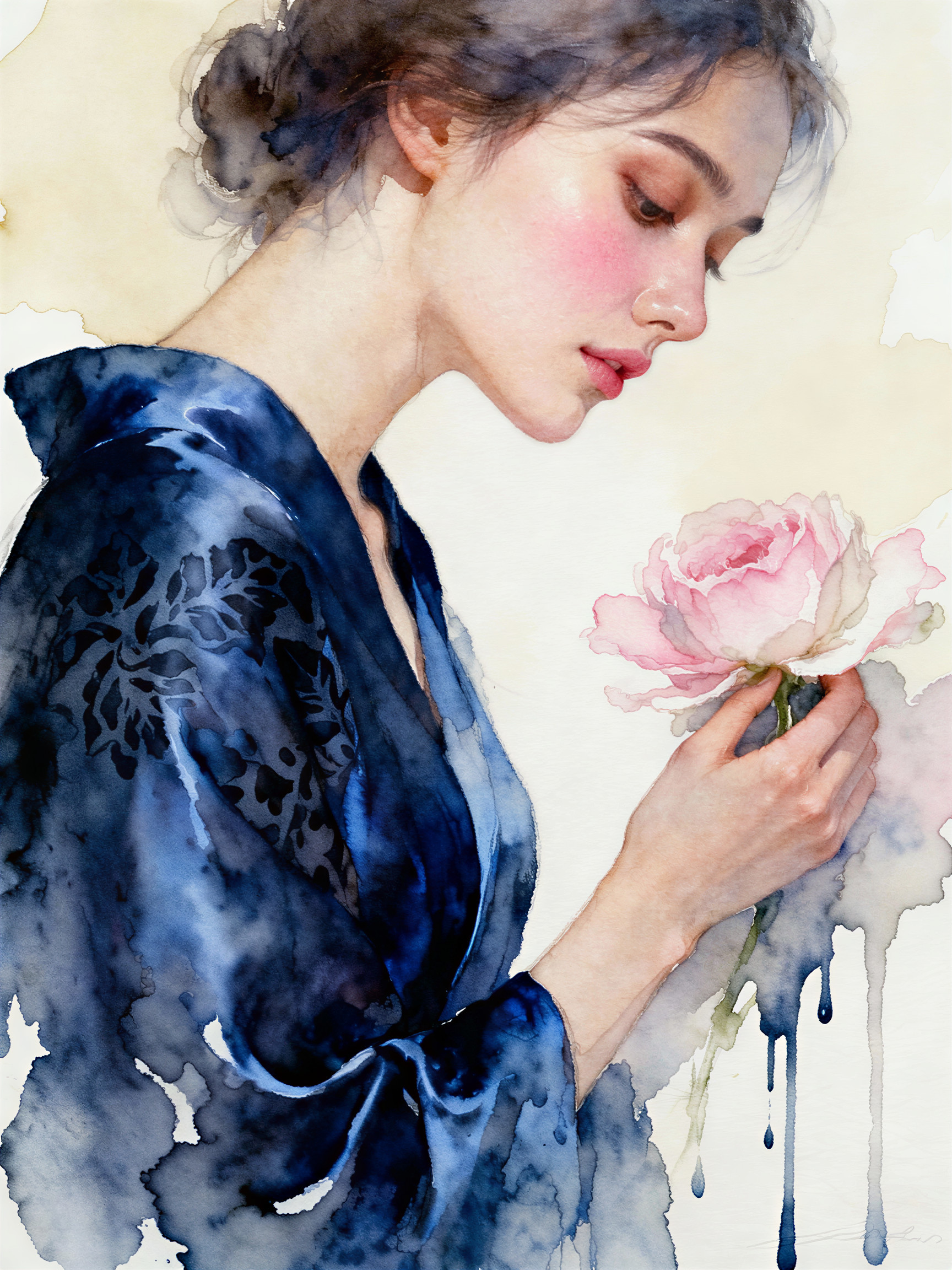 Watercolor Portrait of Woman in Blue Kimono with Peony