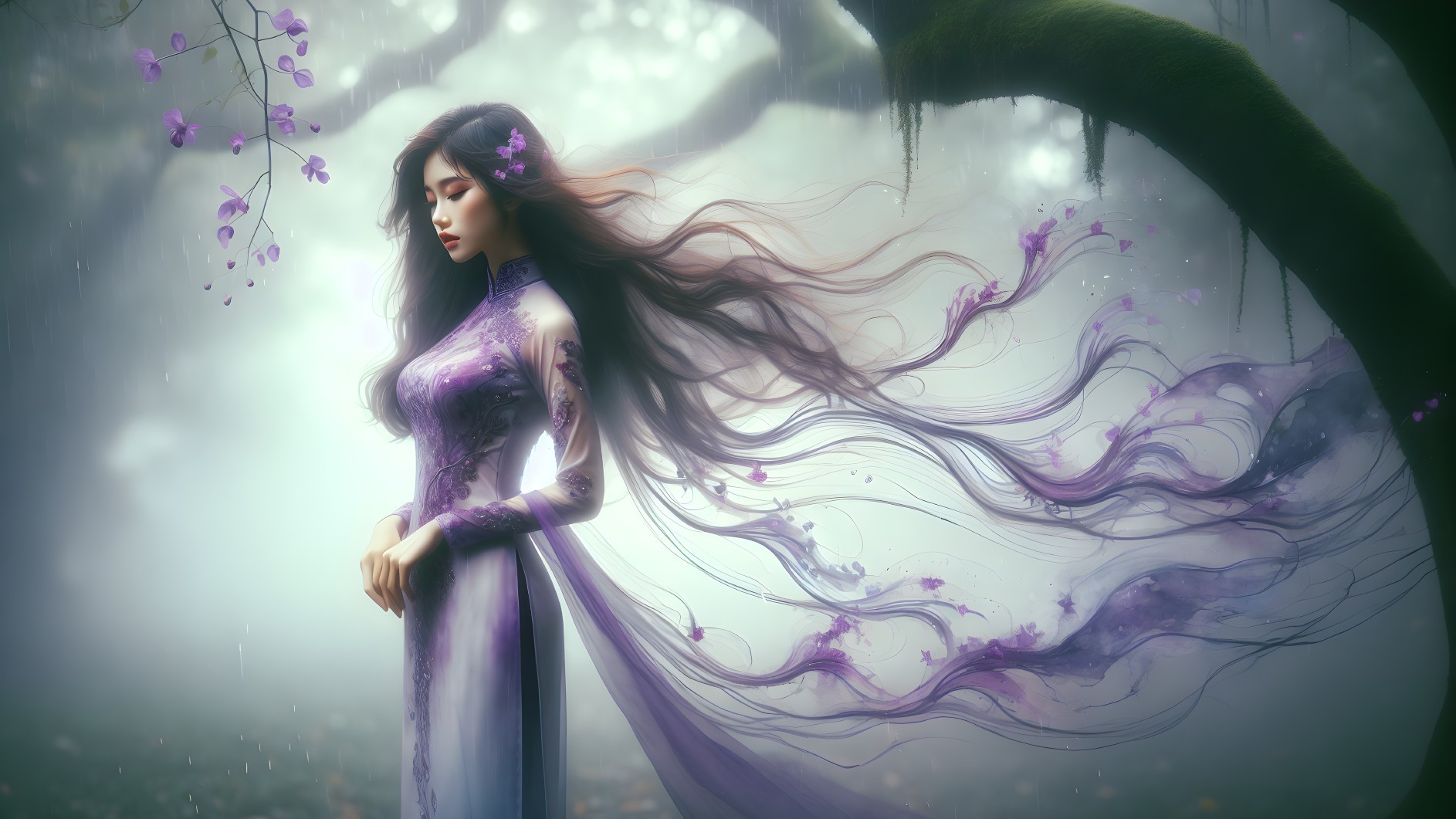 Serene figure in misty forest with purple gown