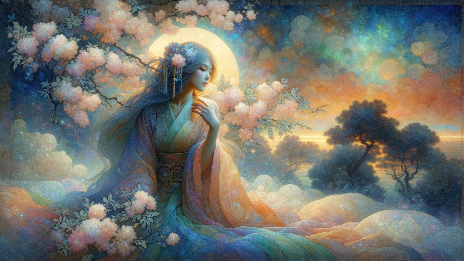 Serene Figure in Kimono Among Cherry Blossoms