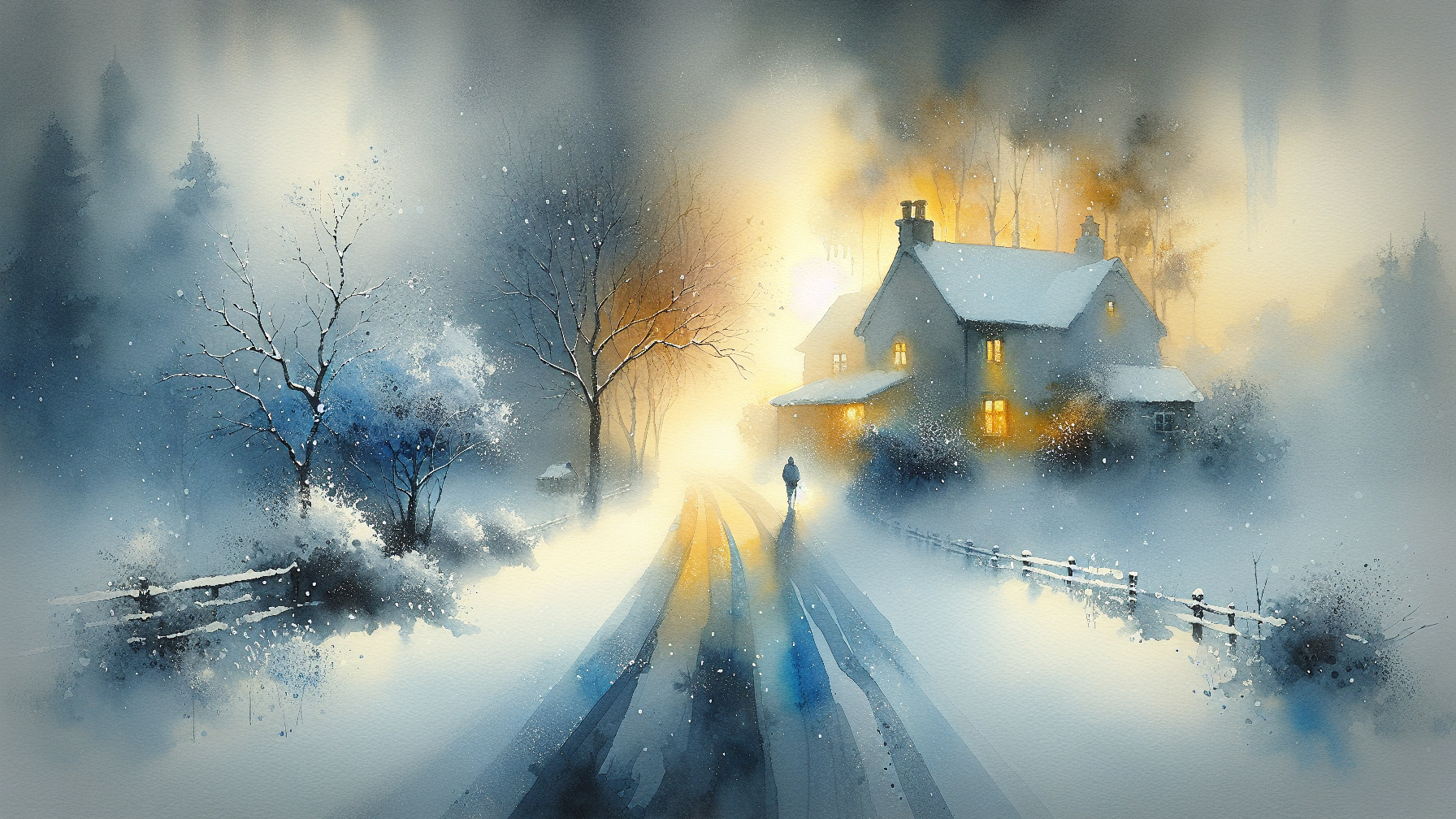 Winter Scene with Cozy House and Snowy Landscape