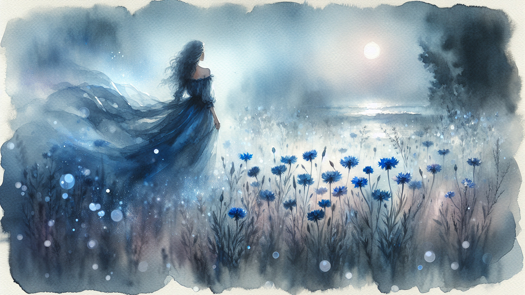 Watercolor Scene of Woman by Tranquil Sea at Night