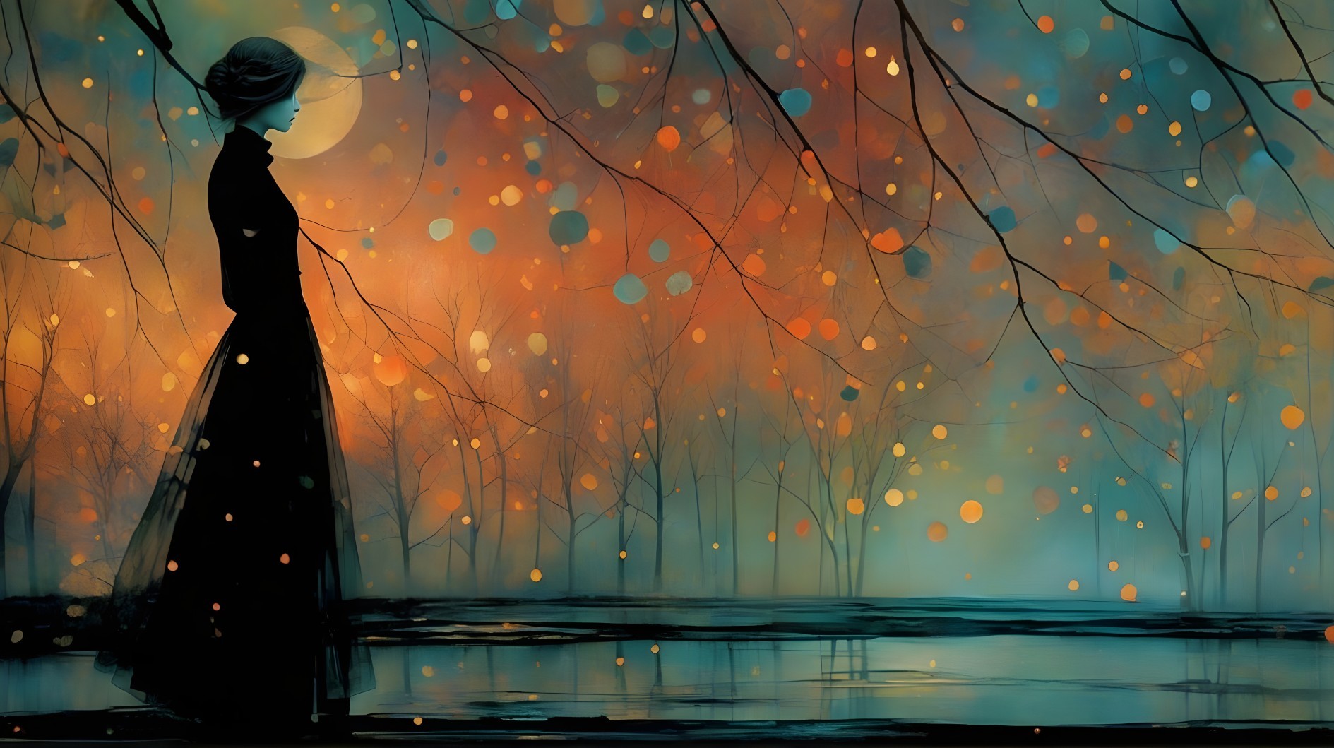 Silhouette of a Woman by Serene Water at Twilight
