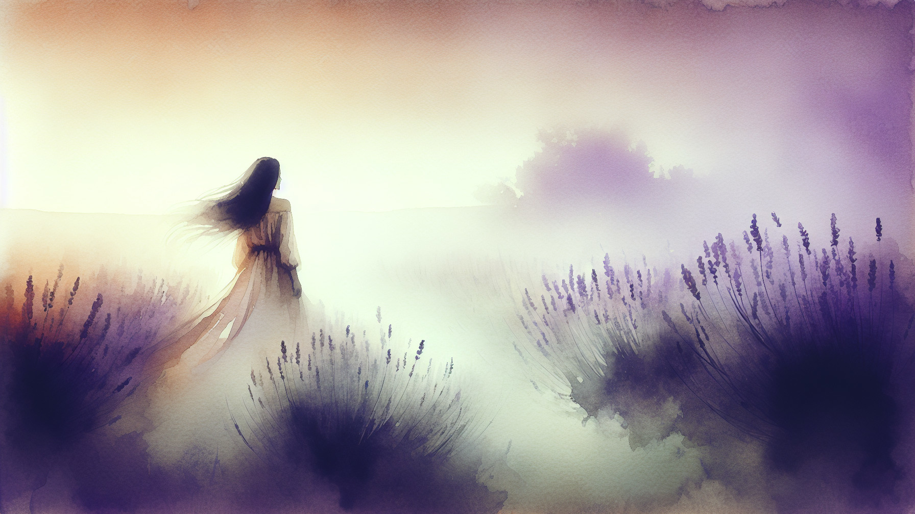 Watercolor Scene of Figure in Lavender Field