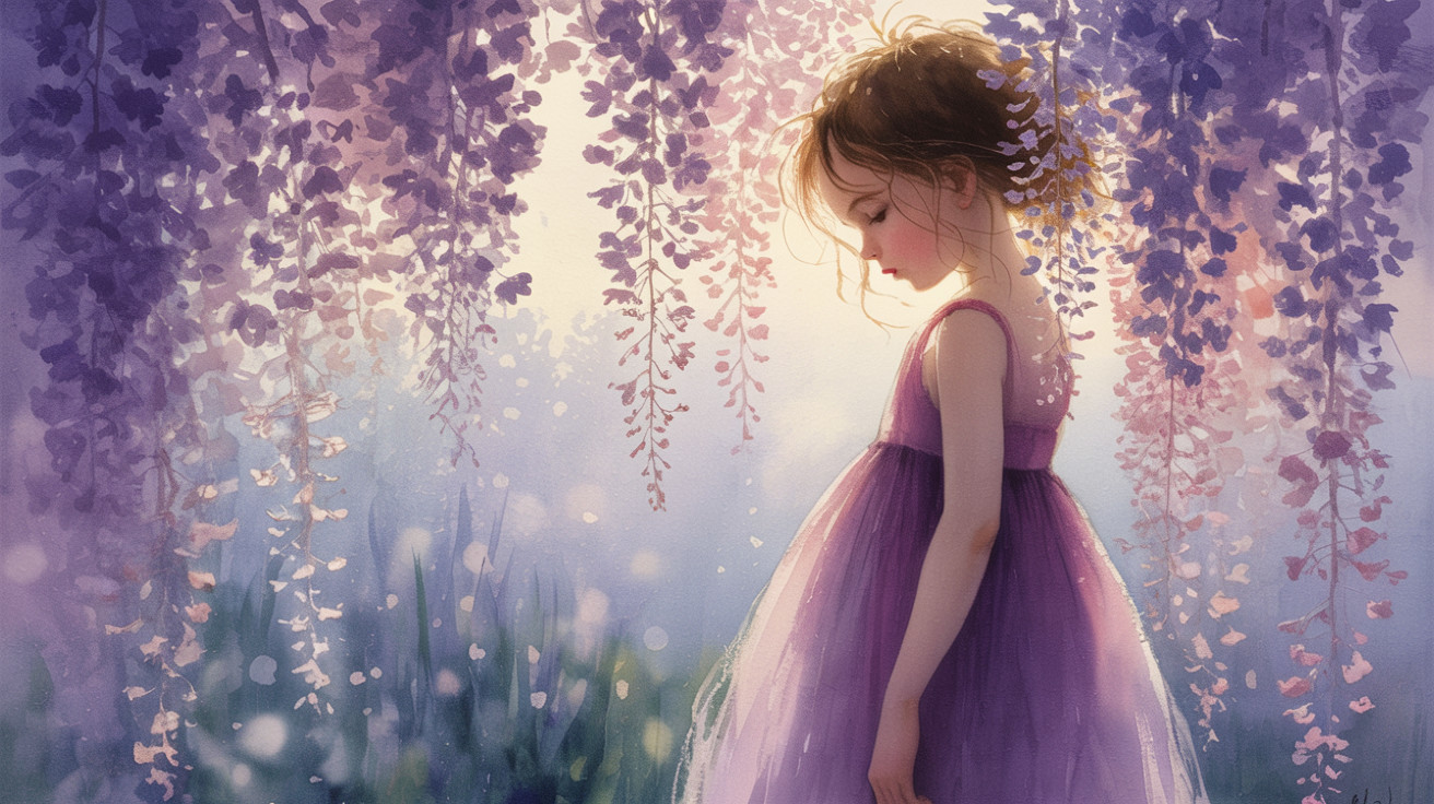 Young girl under blooming wisteria flowers in sunlight