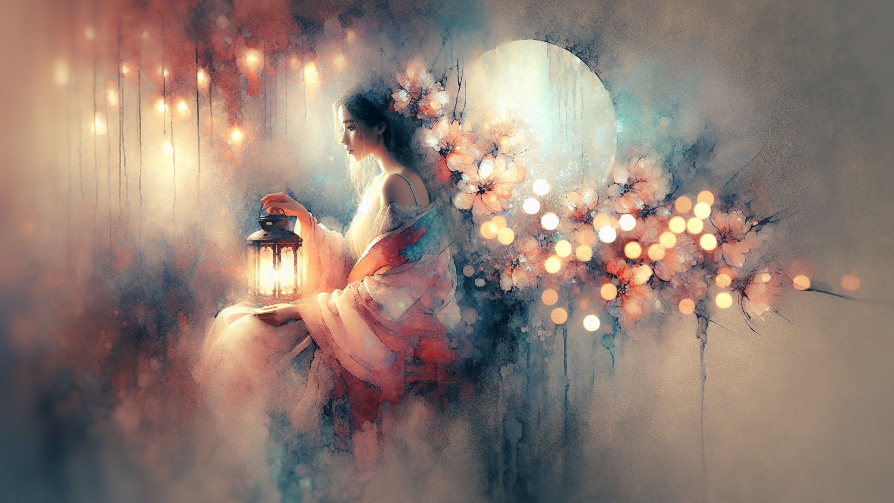 Serene woman with lantern in ethereal light and blossoms