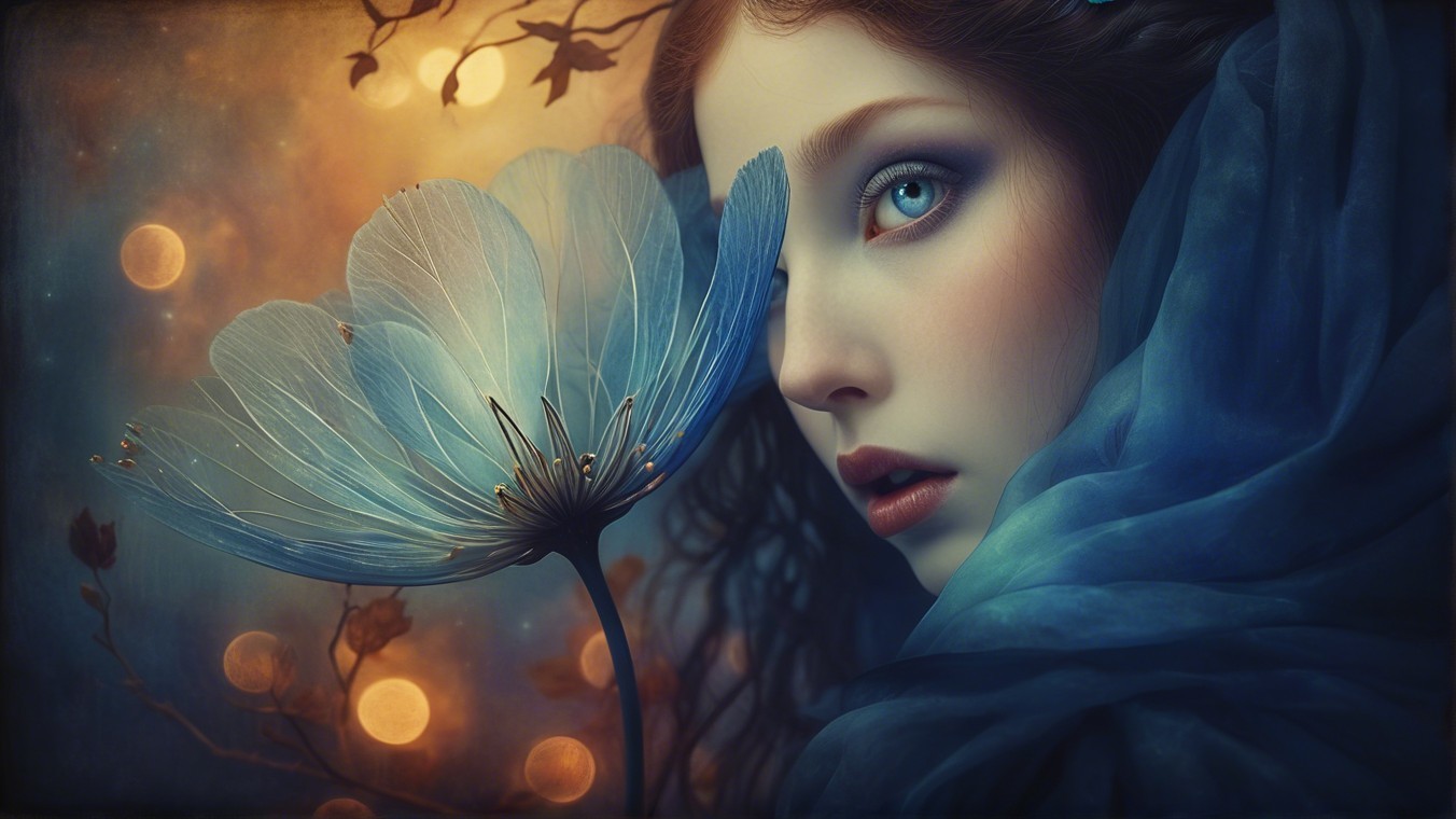 Portrait of a Young Woman with Blue Eyes and Flower