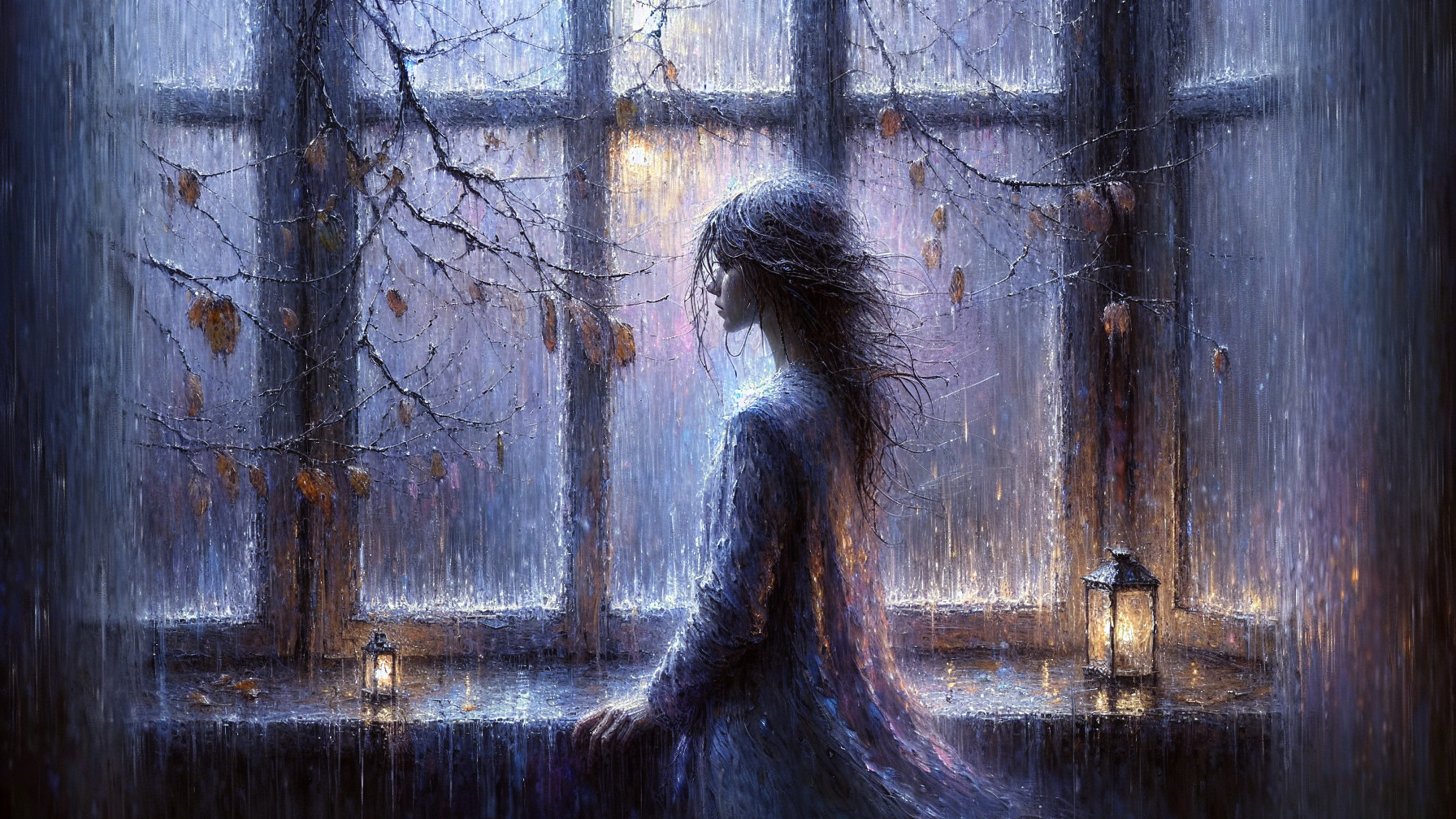 Moody Scene of Figure by Rainy Window with Lanterns