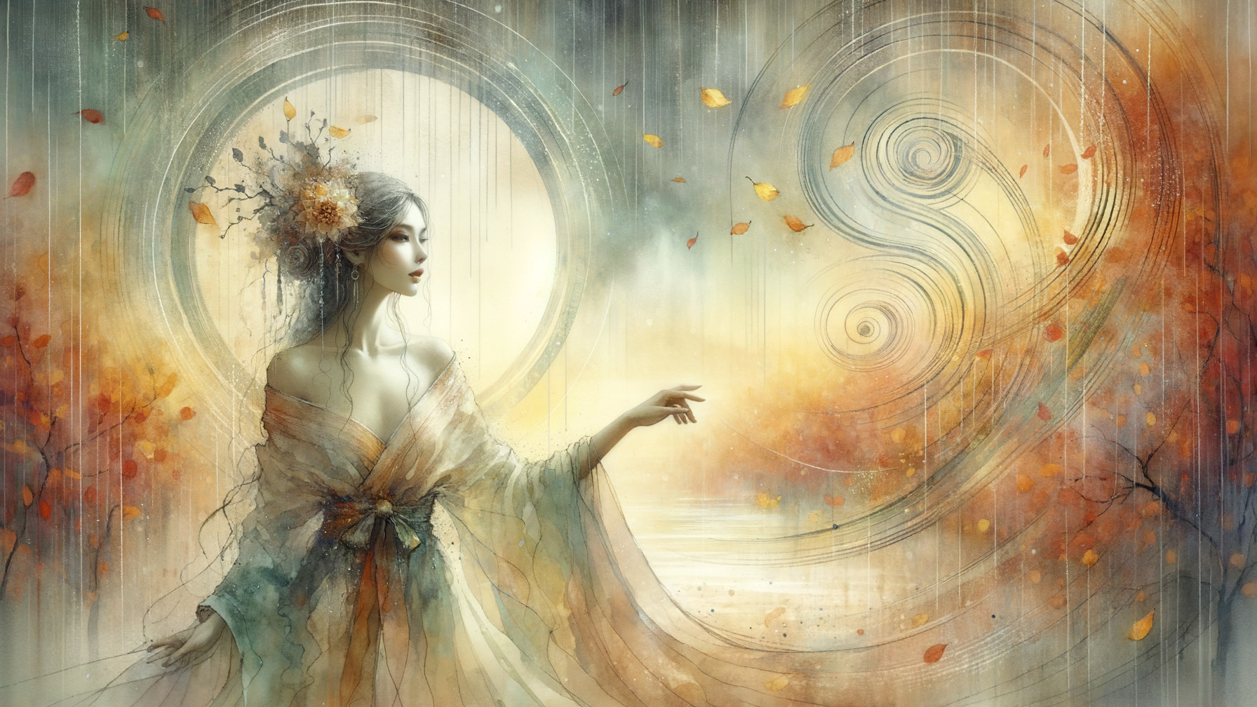 Elegant figure in flowing gown amidst dreamy landscape