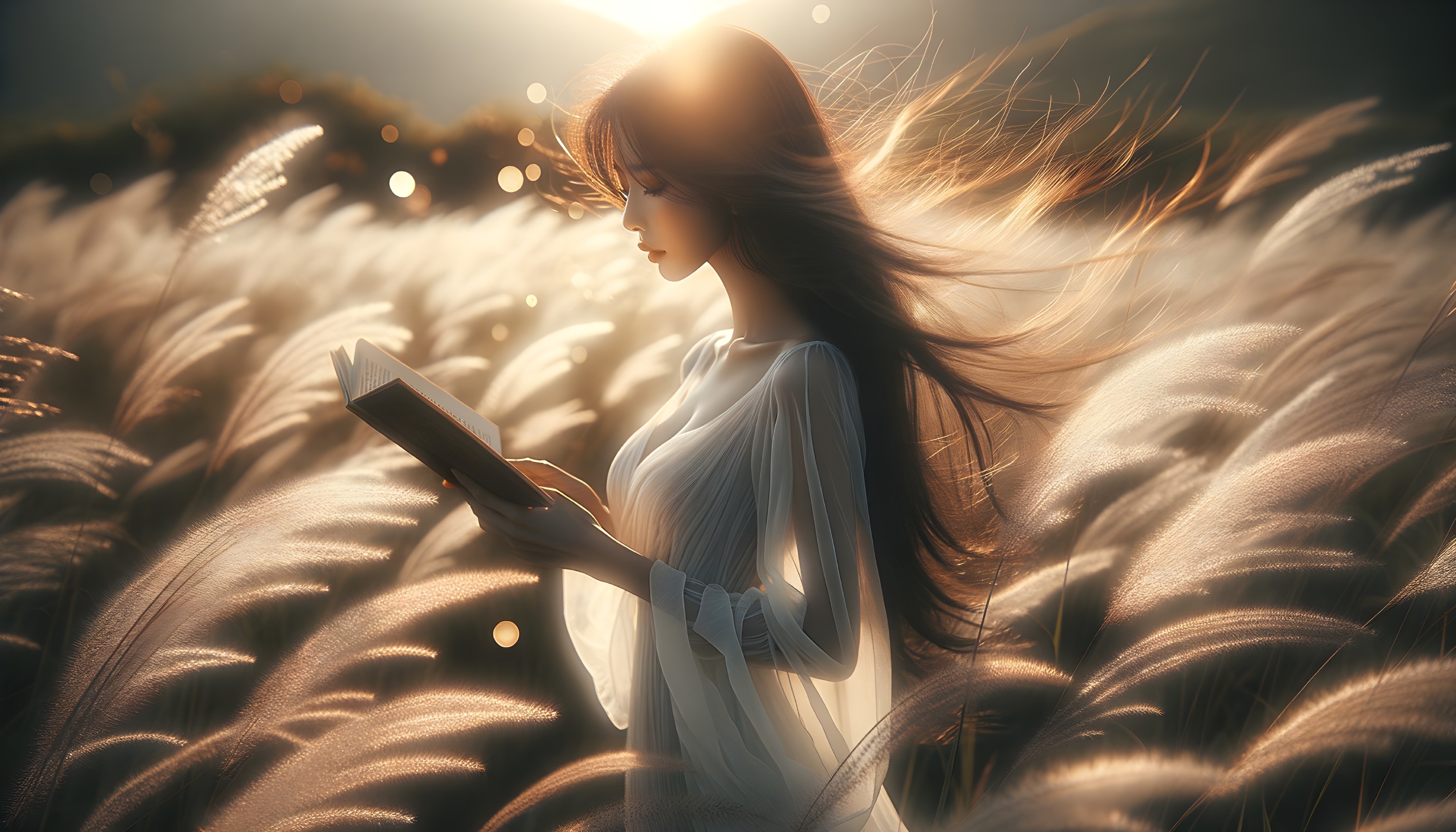 Young Woman Reading in a Sun-Drenched Field