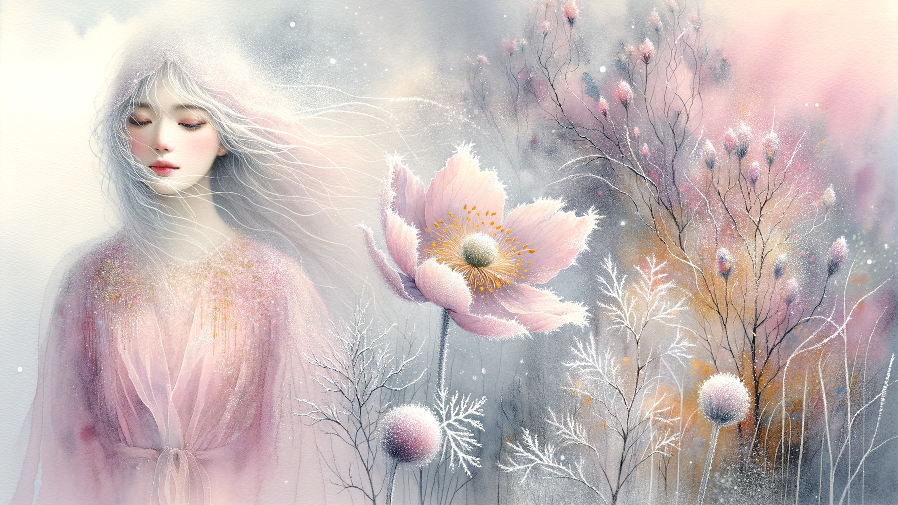 Whimsical Illustration of a Serene Woman in Nature