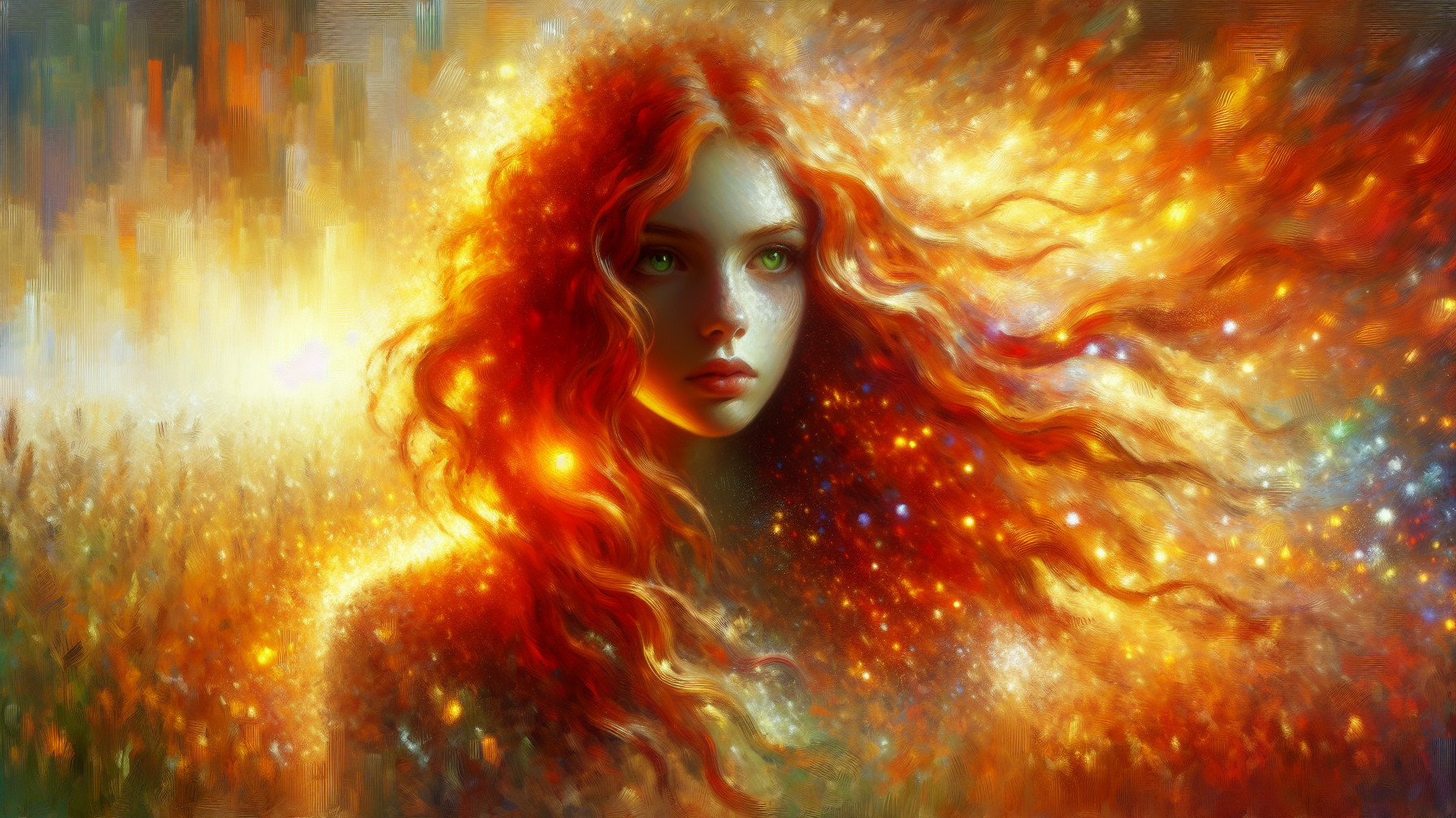 Portrait of a Woman with Red Hair and Ethereal Background
