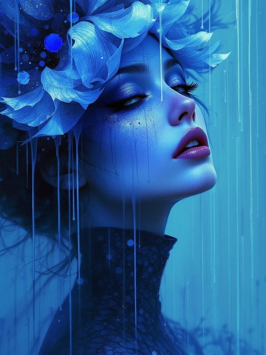 Portrait of a woman with blue floral accents and makeup