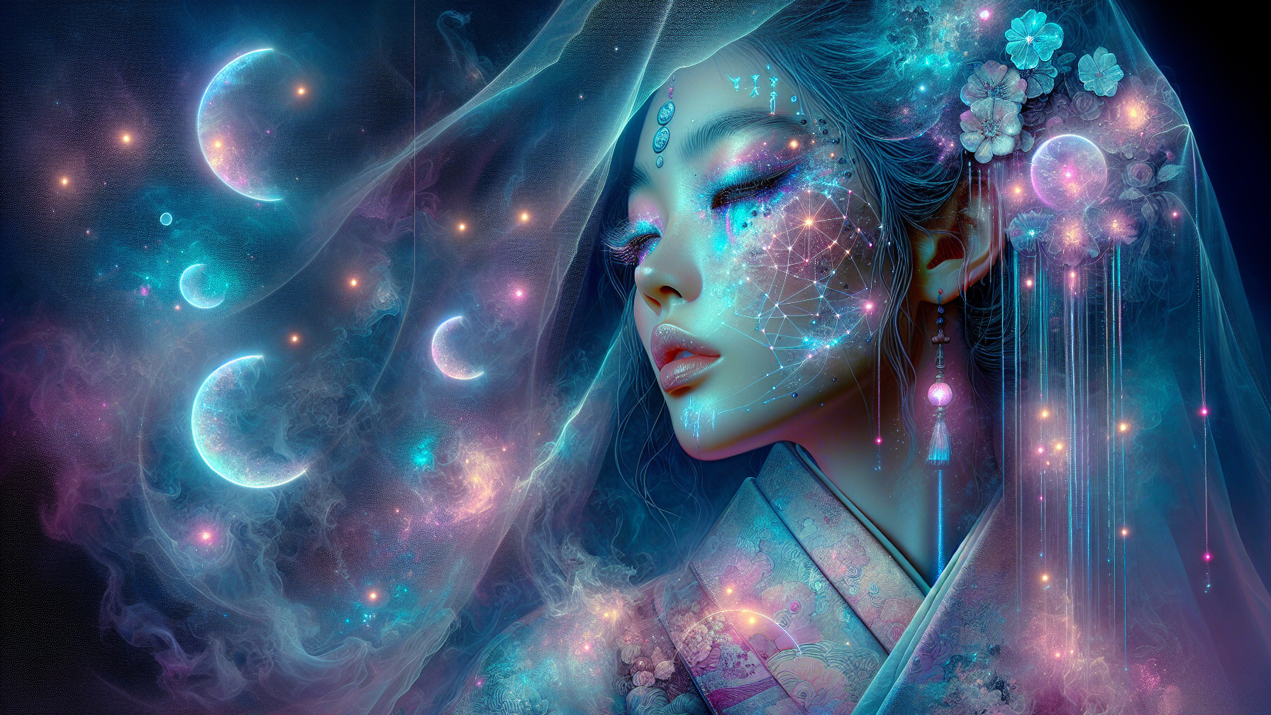 Ethereal figure in kimono with cosmic backdrop