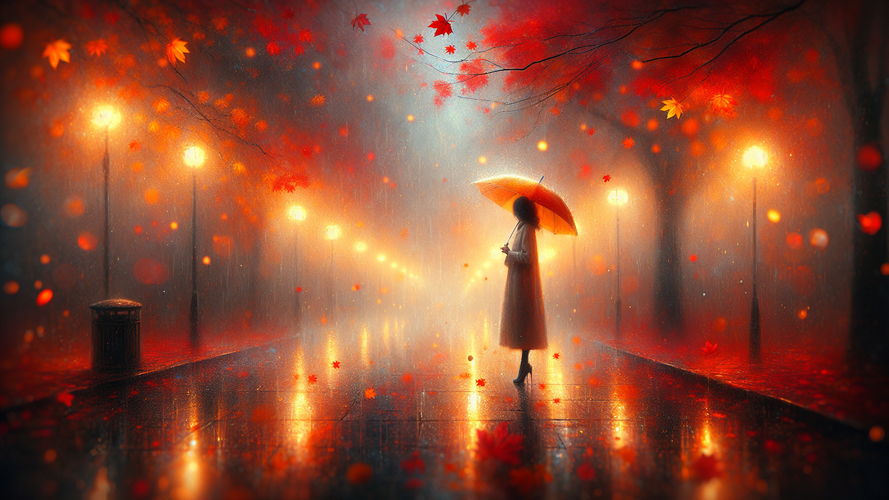 Autumn Scene with Figure Under Yellow Umbrella
