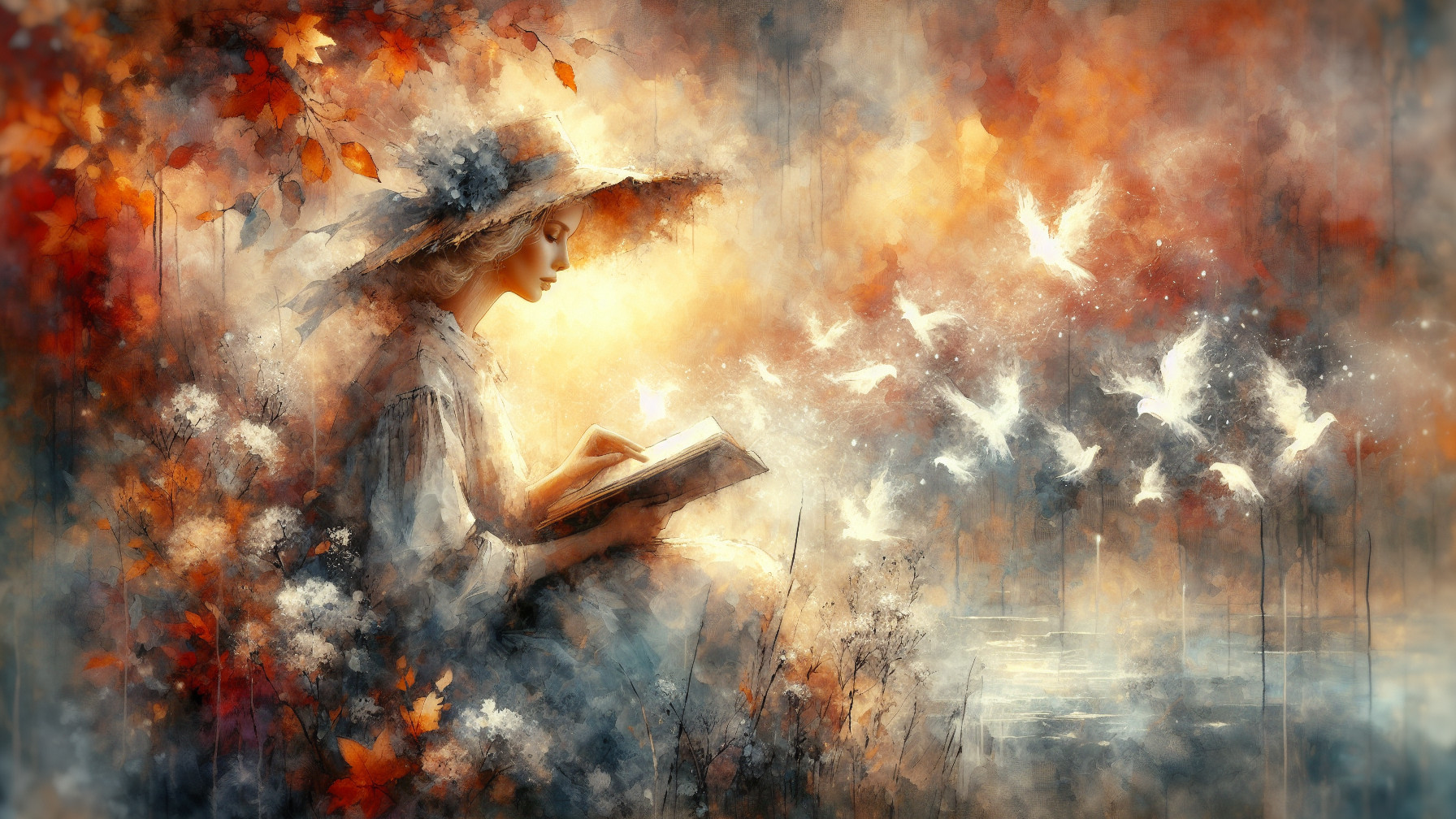 Young Woman Reading in Autumn Foliage Landscape