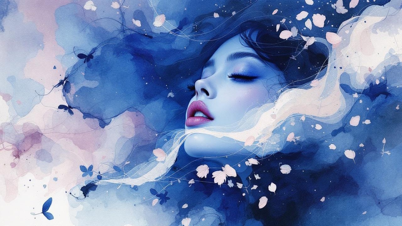 Watercolor Artwork of Serene Woman's Face and Nature