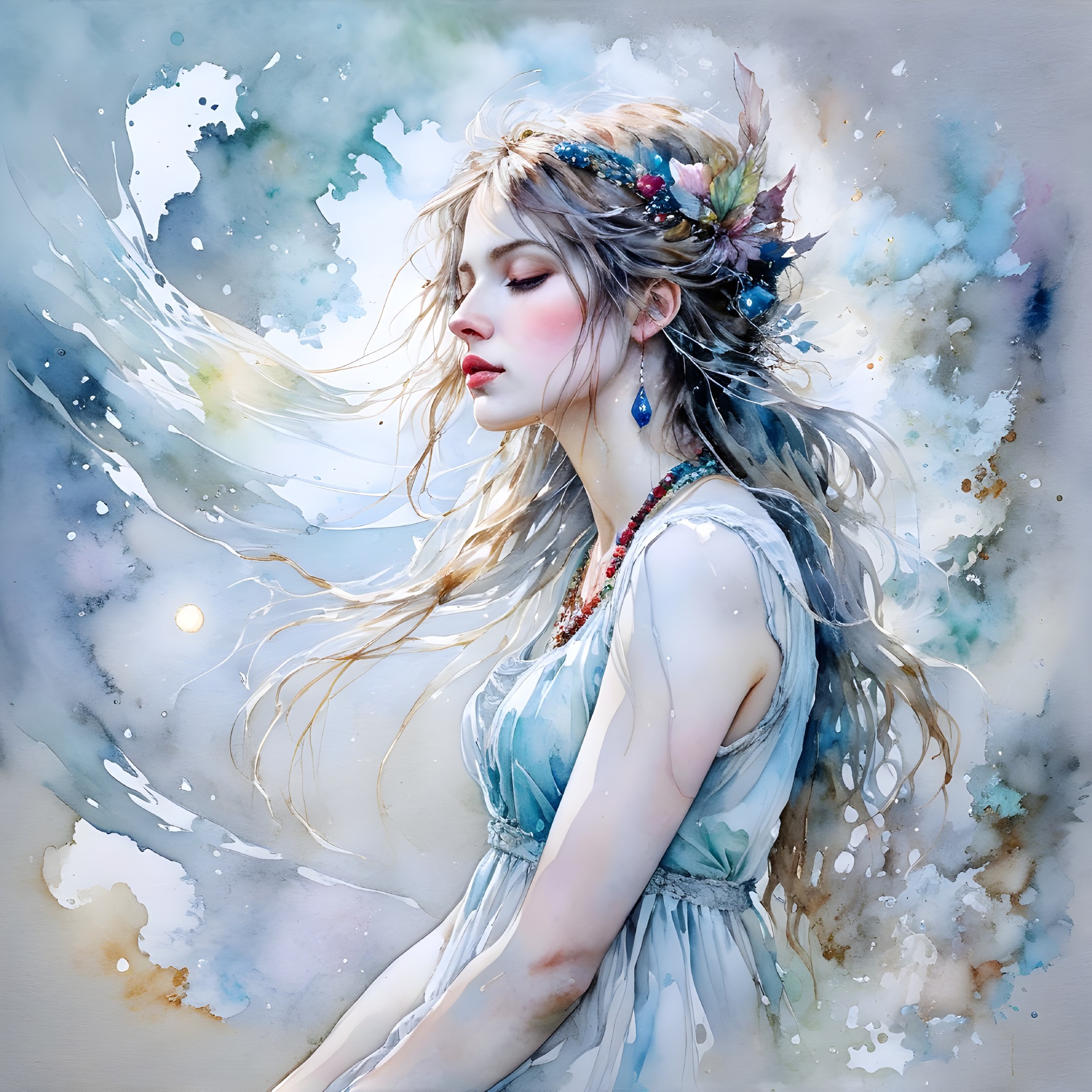 Watercolor Portrait of a Serene Woman with Flowers