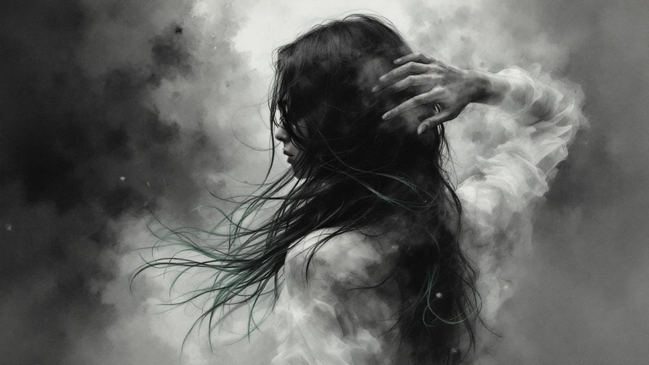 Woman with flowing hair in misty black and white scene