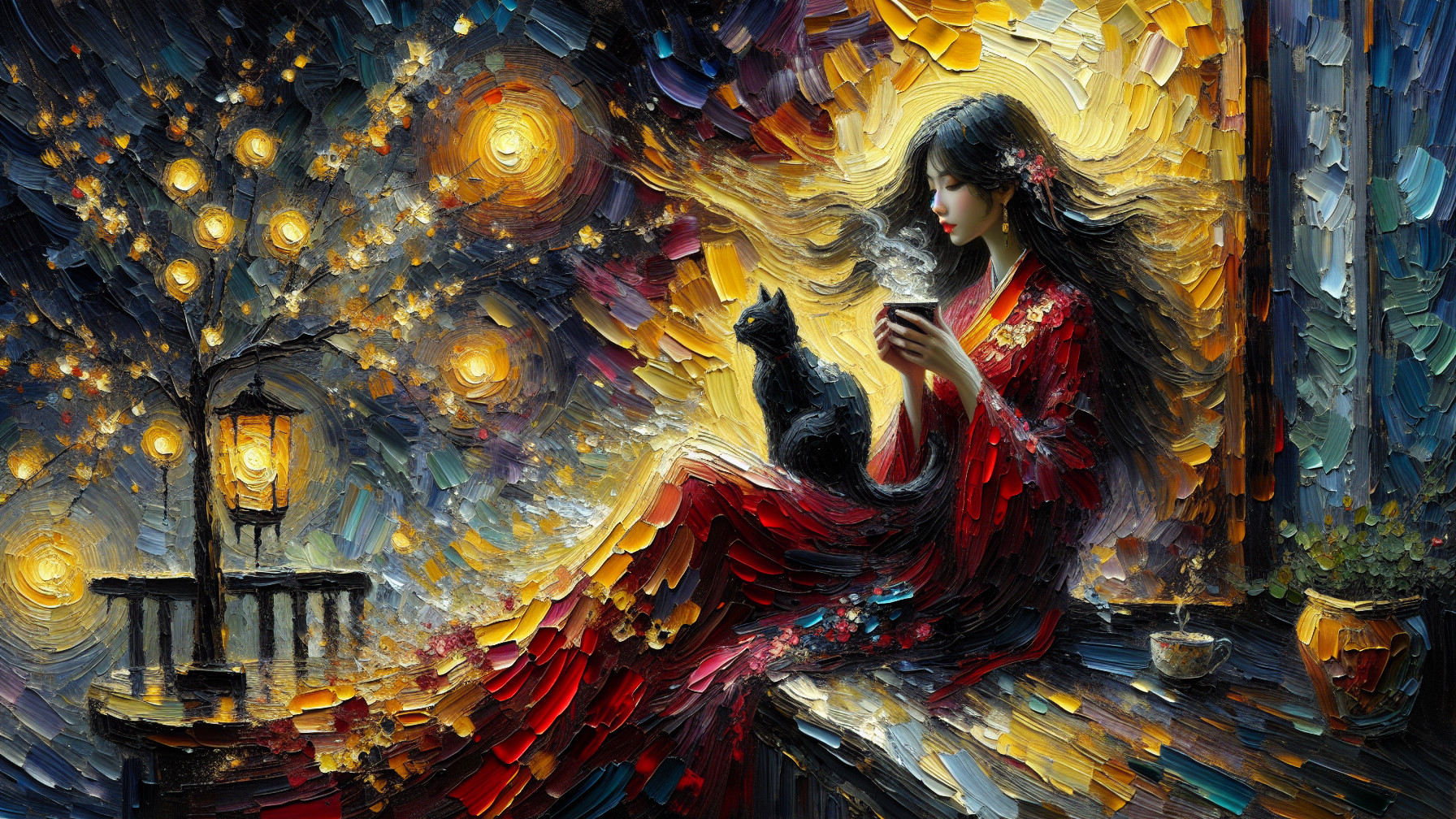 Impressionistic Painting of Woman in Kimono at Night