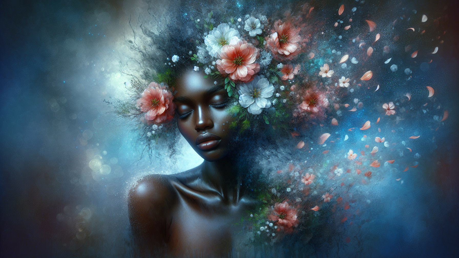 Portrait of a Woman with Floral Hair and Dreamy Background