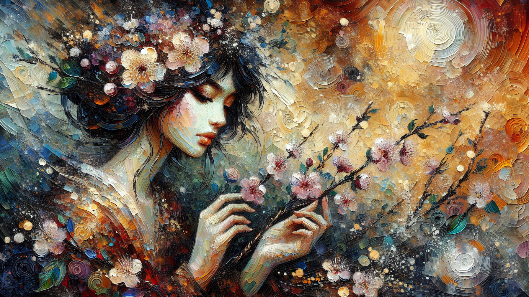 Serene Woman with Blossoming Branches and Colors