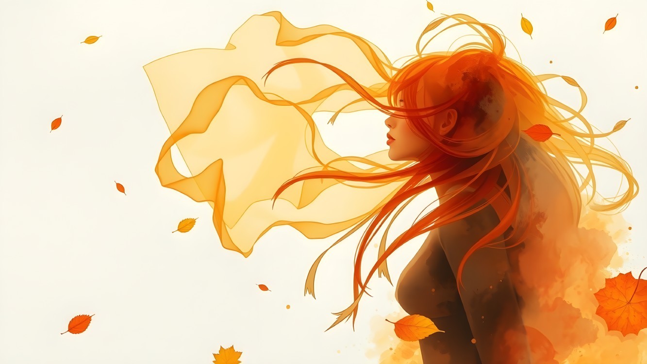 Woman with flowing red-orange hair in autumn leaves