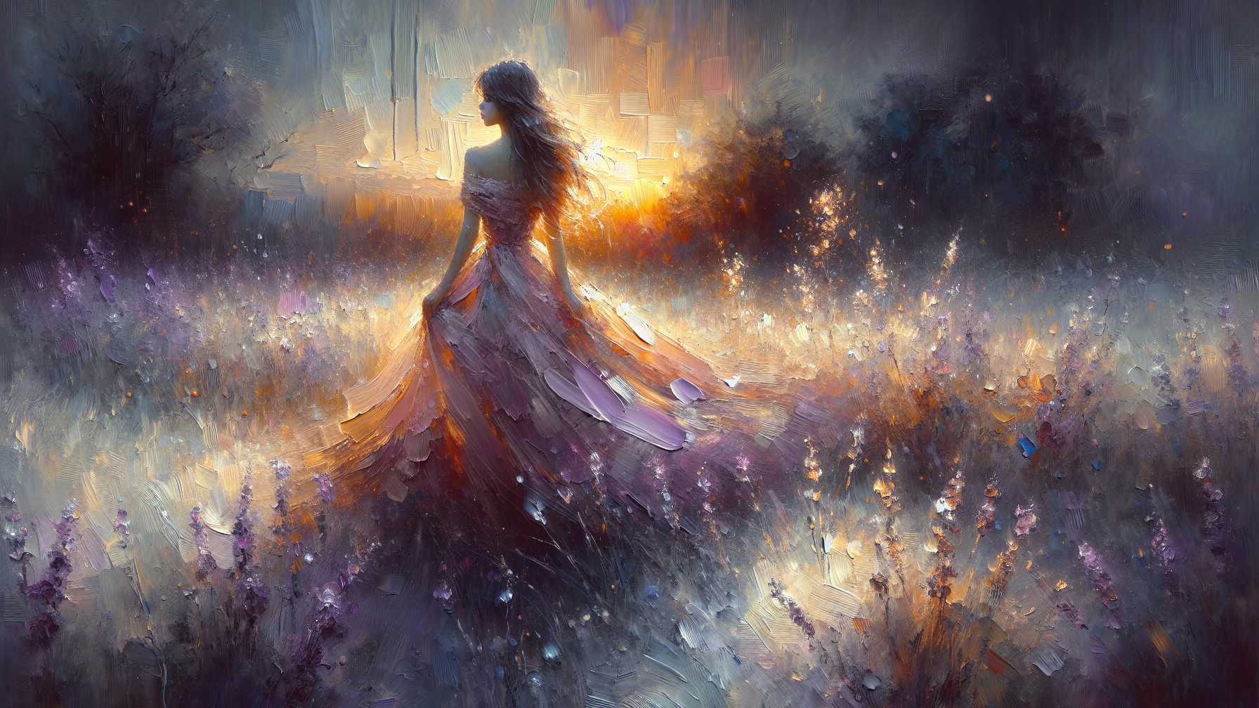 Figure in Gown Among Purple Flowers at Sunset