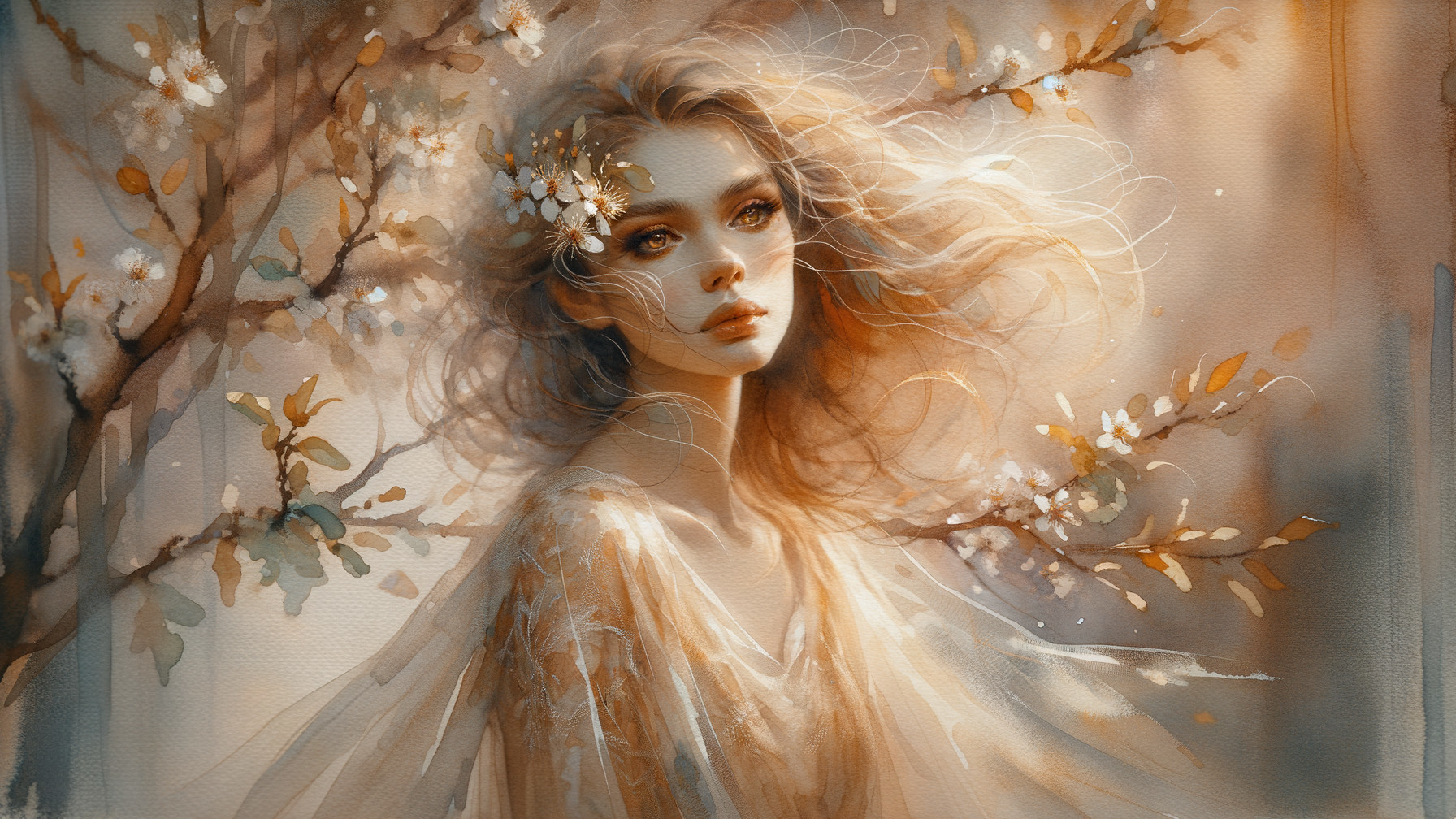 Ethereal Woman with Flowers in Dreamy Watercolor Scene