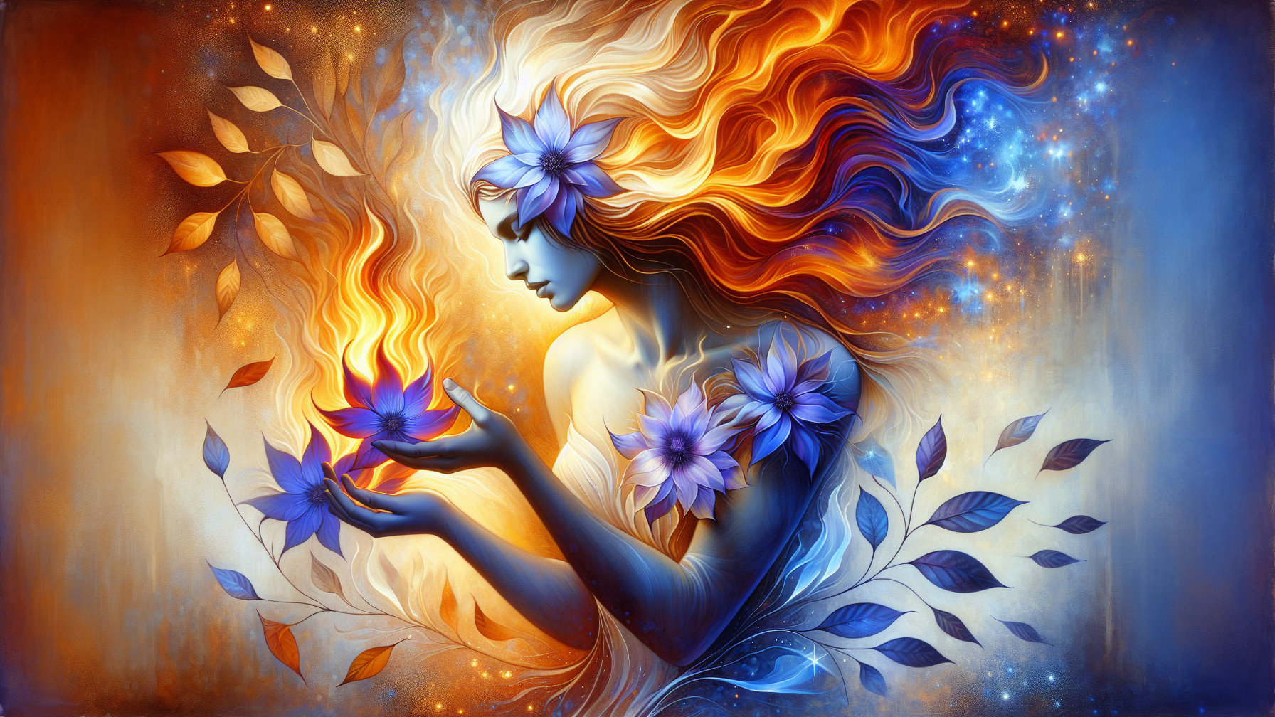 Serene figure with fiery hair and glowing elements