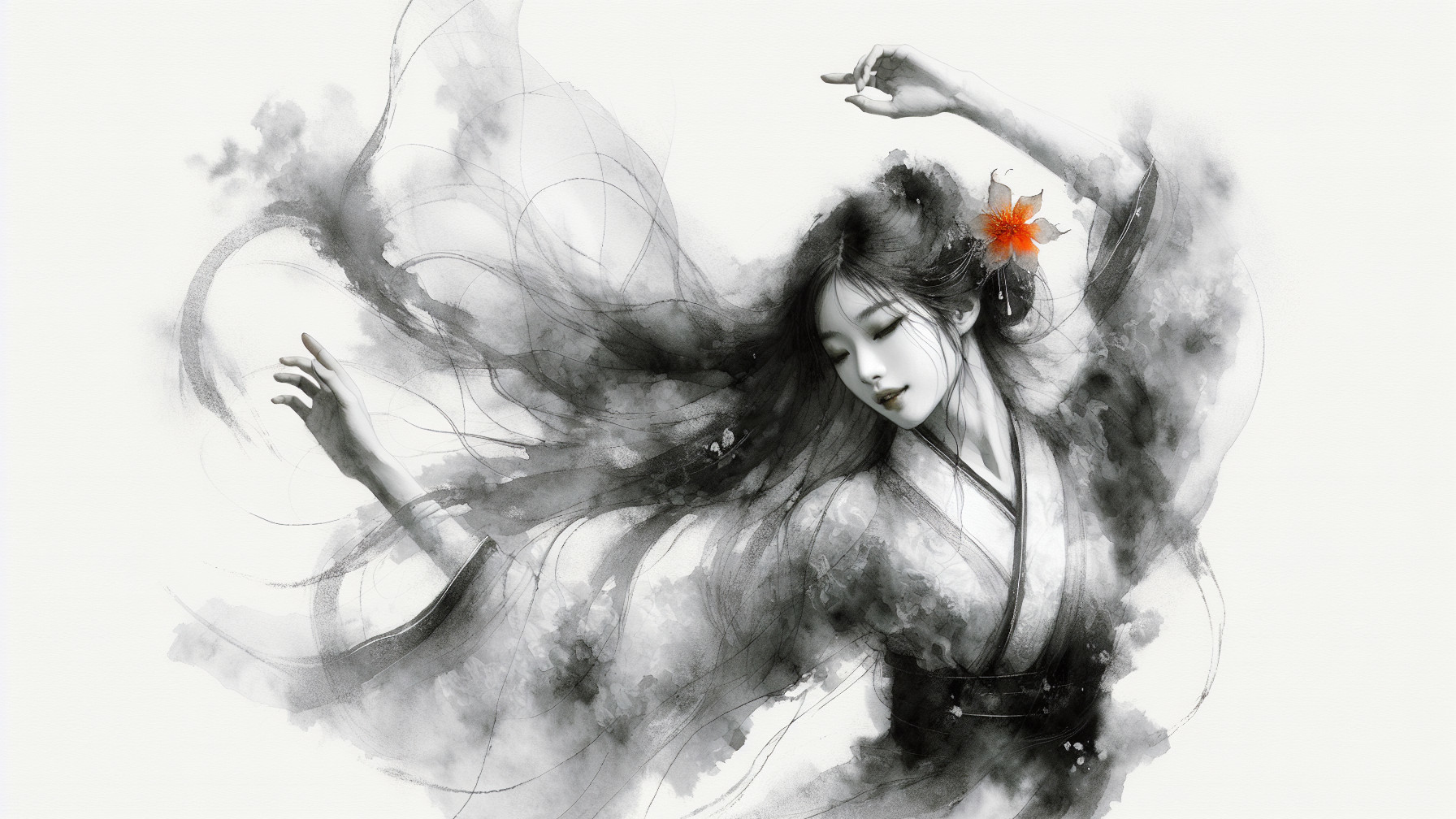 Traditional Dance Amidst Ink Patterns and Dreamlike Atmosphere