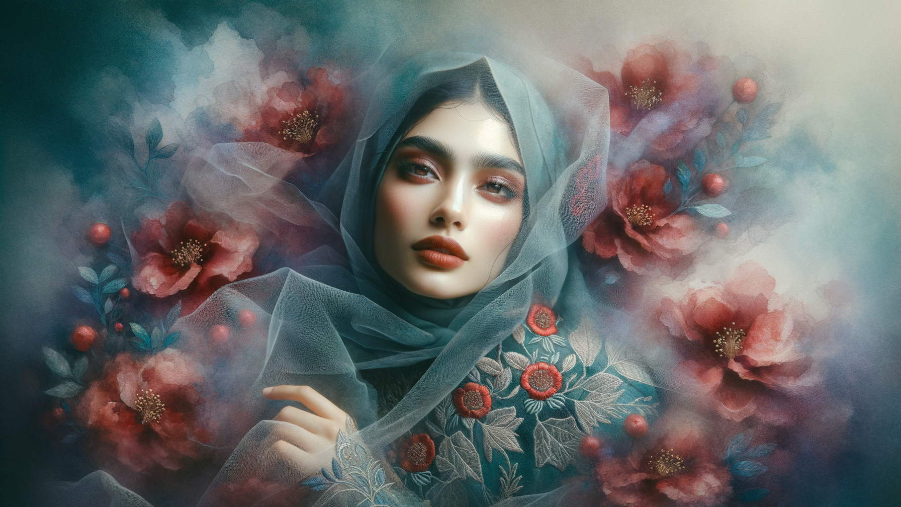 Elegant Woman in Hijab Against Floral Background