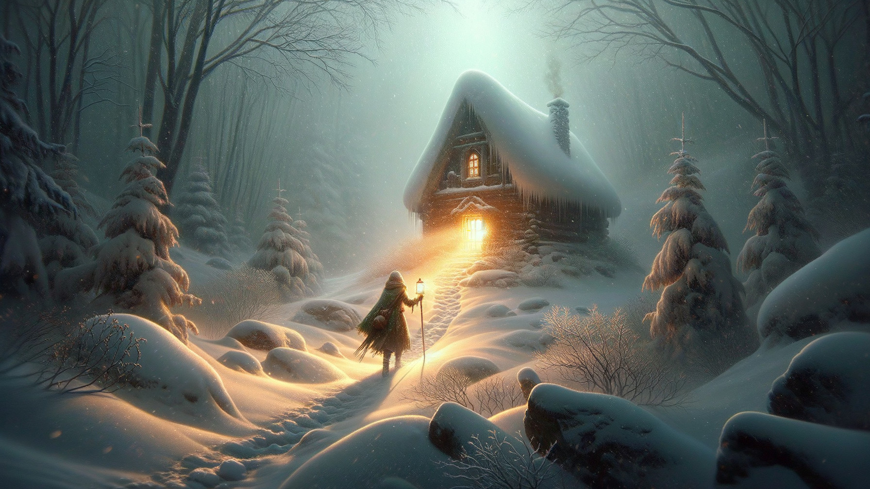 Solitary Figure Walking in a Serene Winter Landscape