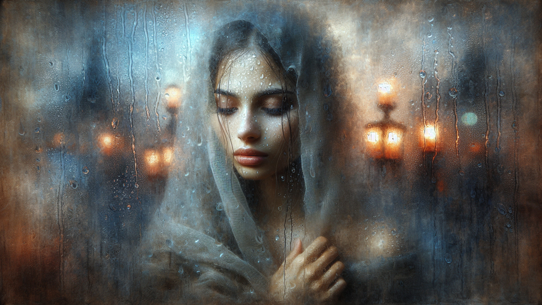 Contemplative Woman in Sheer Veil with Lanterns