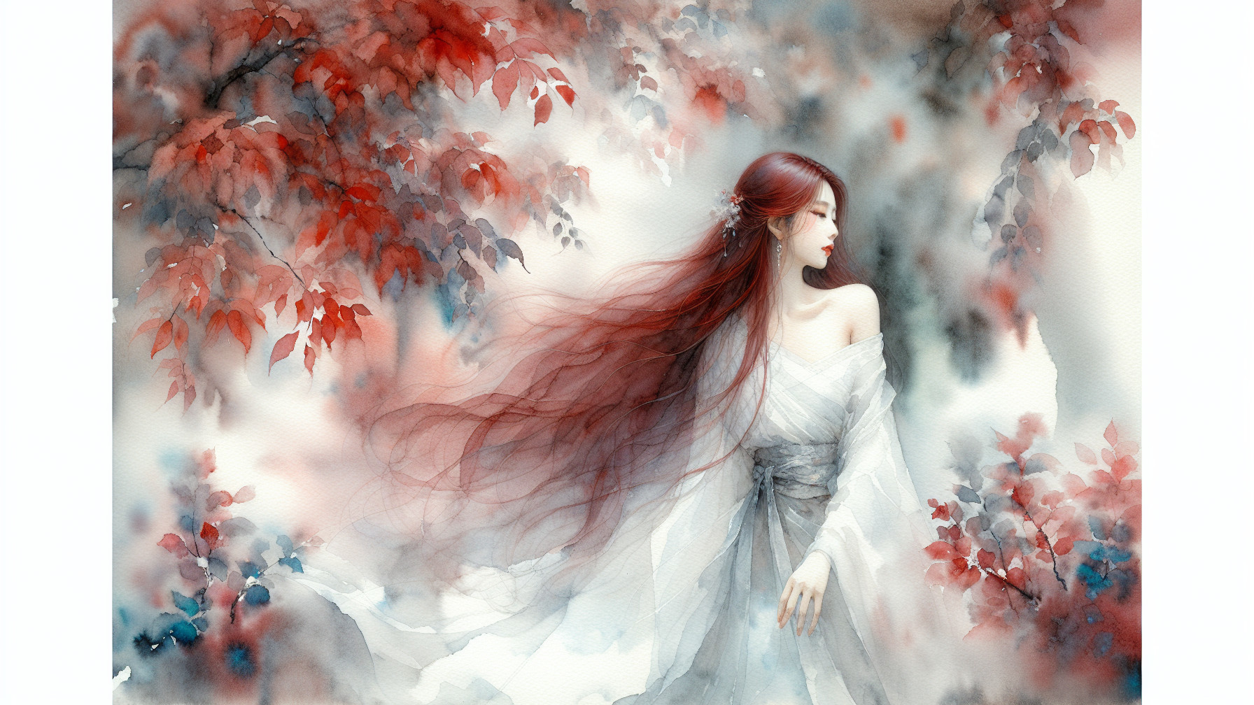 Watercolor Scene of Woman Amidst Vibrant Leaves
