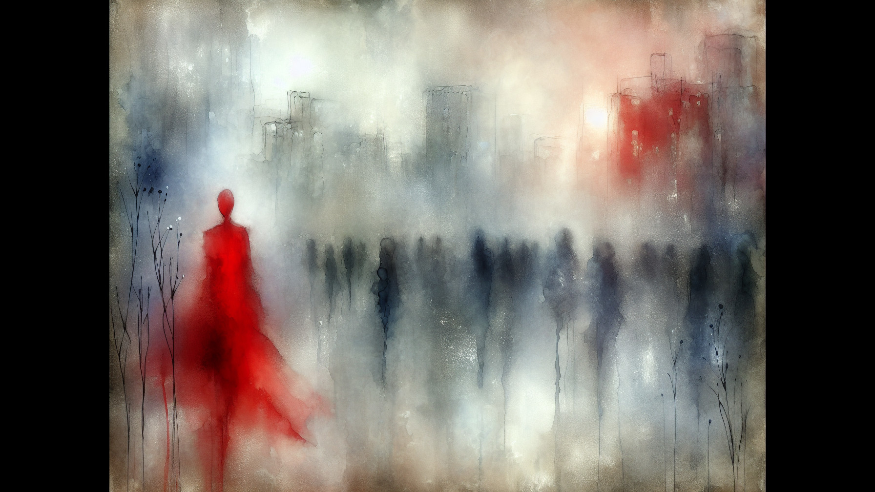 Abstract Cityscape with Mist and Solitary Figure